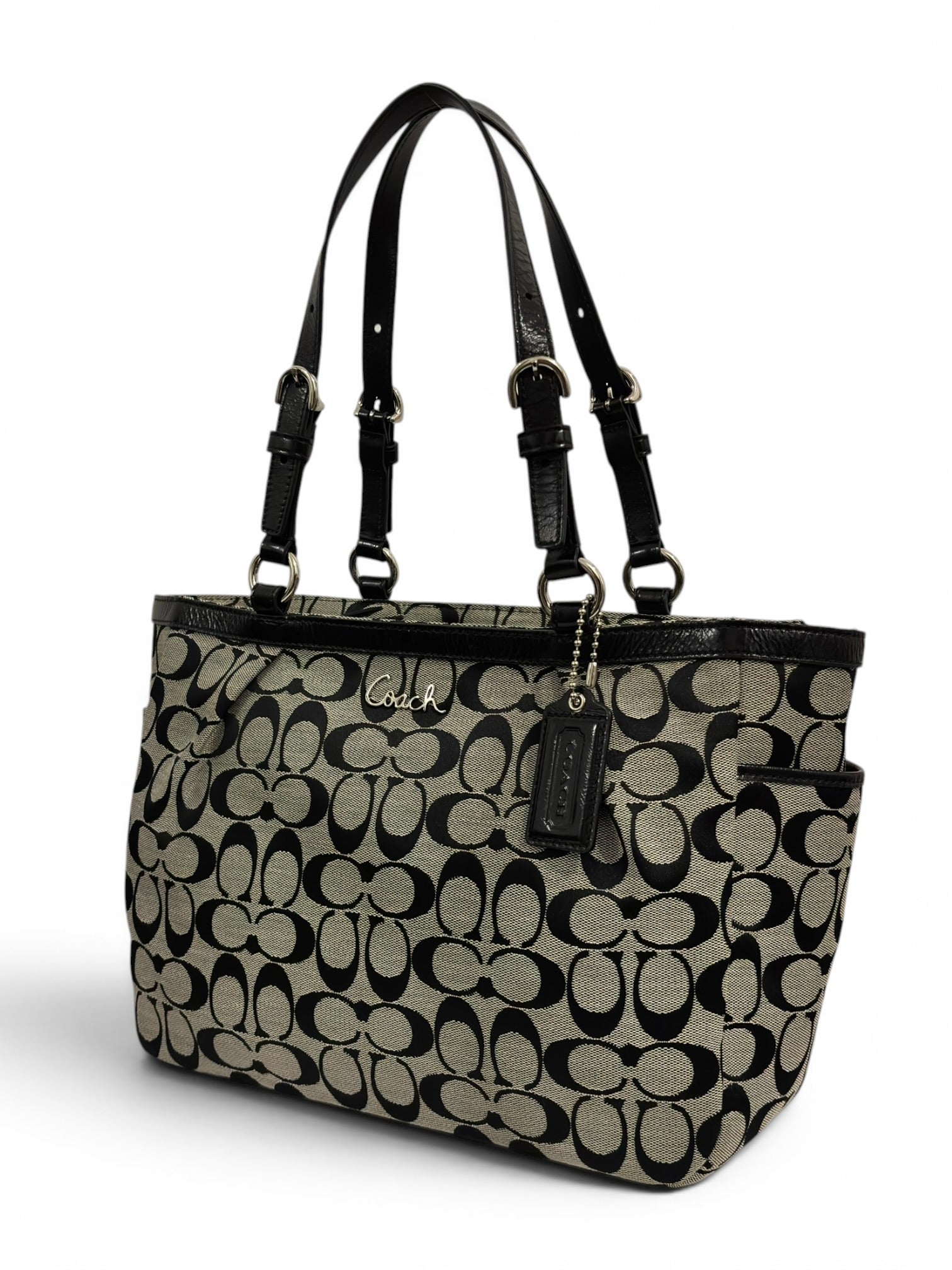 Coach Signature Black & Grey / Khaki Gallery East West Pleated Tote Shoulder Bag