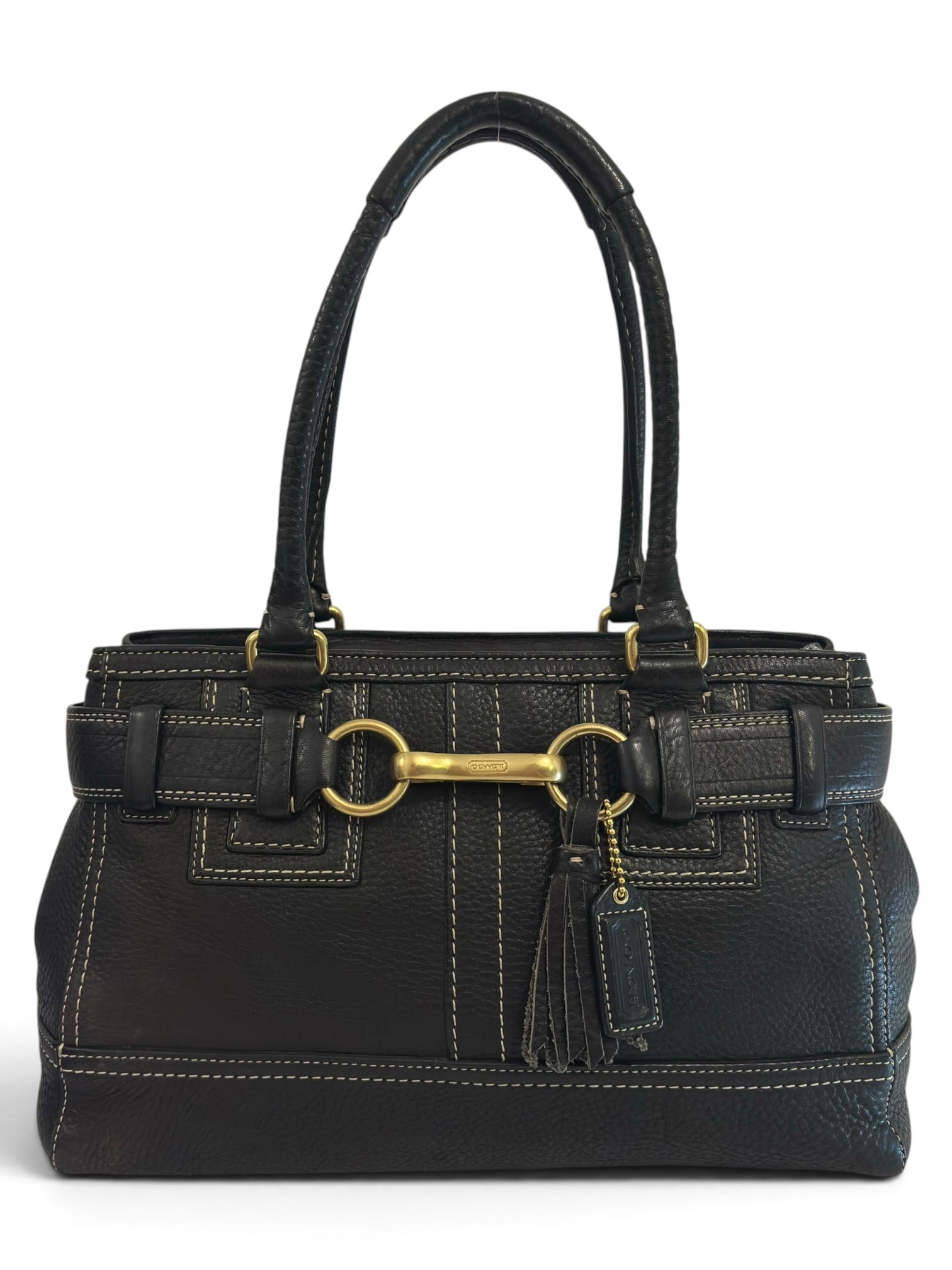 Vintage Coach Hamptons Bag Black Pebbled Leather Belted Tote E06S-10212