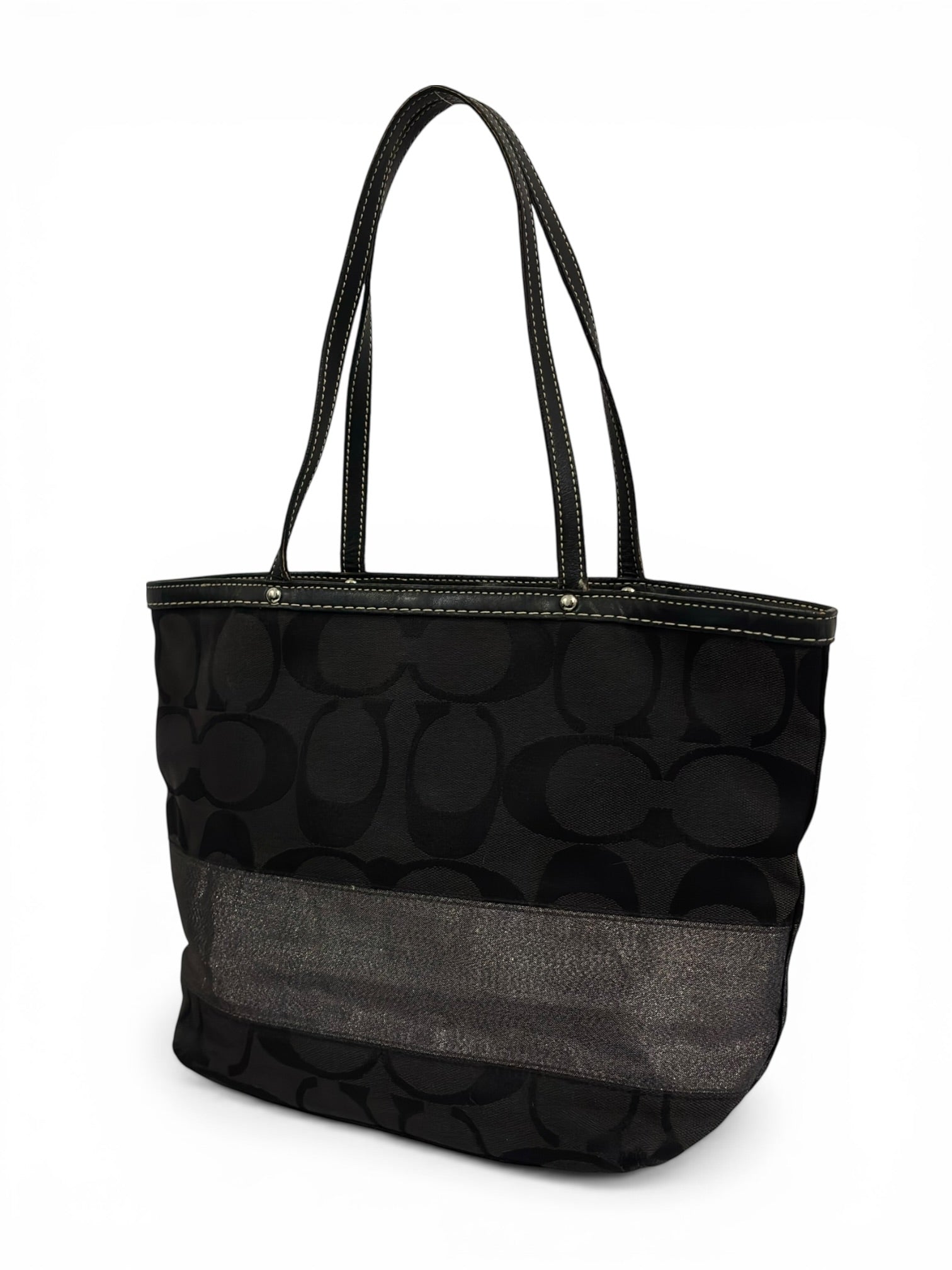 Coach Black Signature Metallic Stripe Canvas & Leather Tote Shoulder Bag
