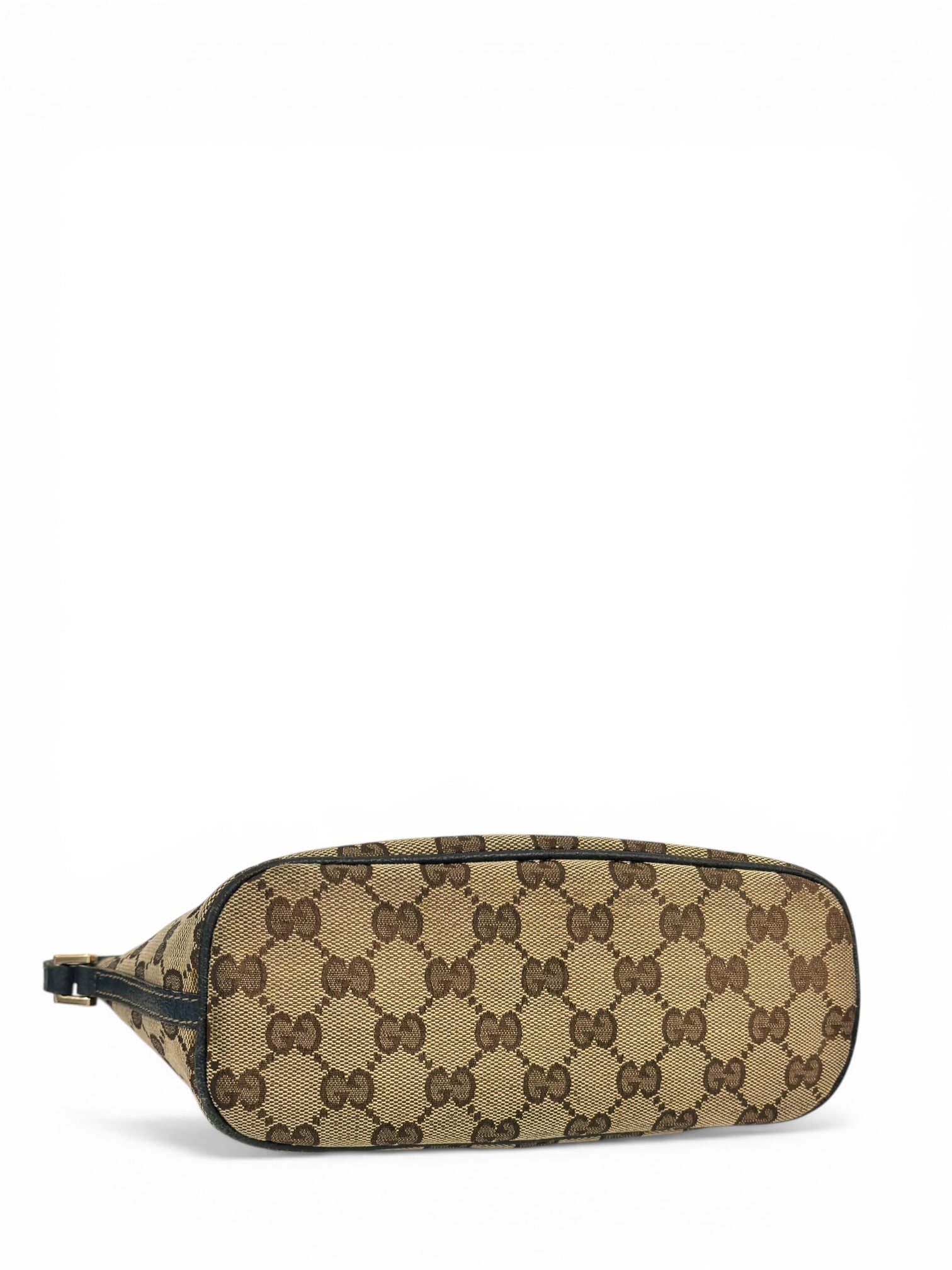Gucci Brown Beige Canvas & Dark Blue Leather Pochette Boat Shoulder Bag