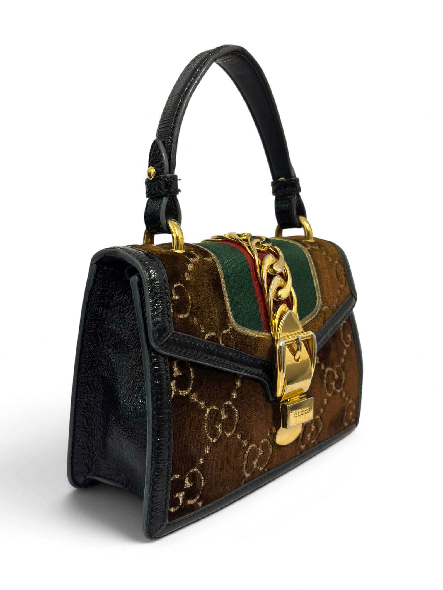 Gucci Sylvie Rare Mini GG Velvet Brown Web Stripe
Gold Hardware 493075 Top Handle Bag