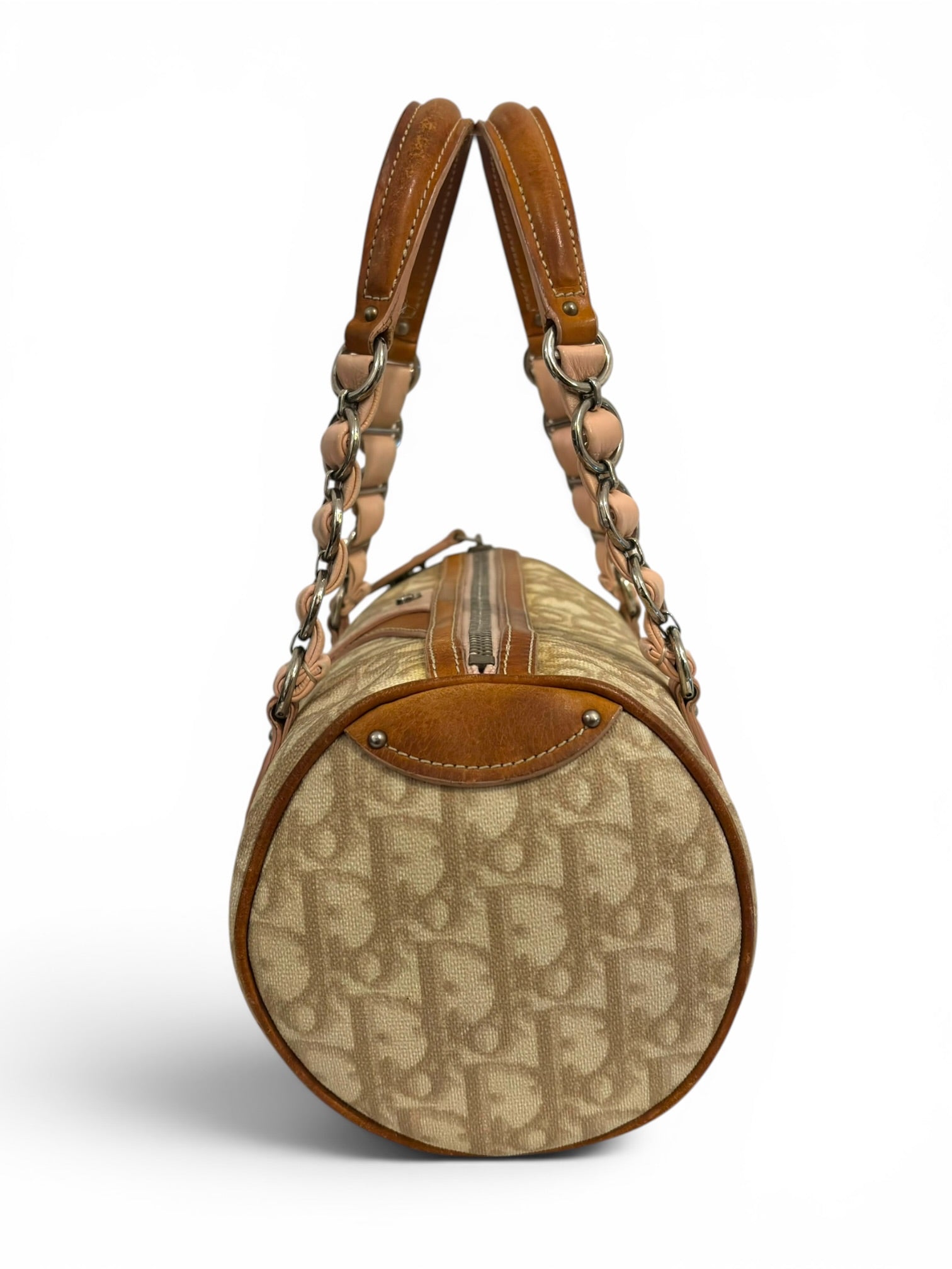 Christian Dior Rare Romantique Trotter Barrel Pink & Brown Heart Charm Galliano Vintage Shoulder Bag