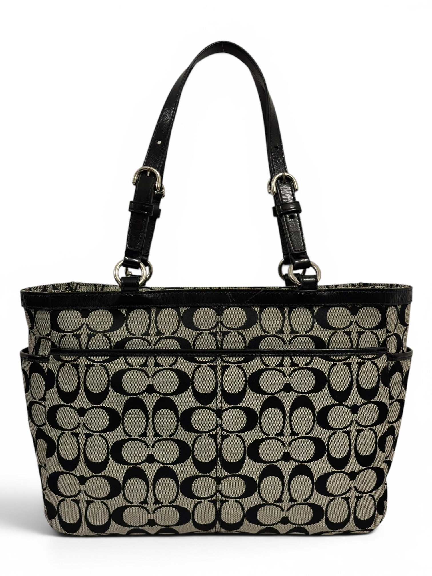 Coach Signature Black & Grey / Khaki Gallery East West Pleated Tote Shoulder Bag
