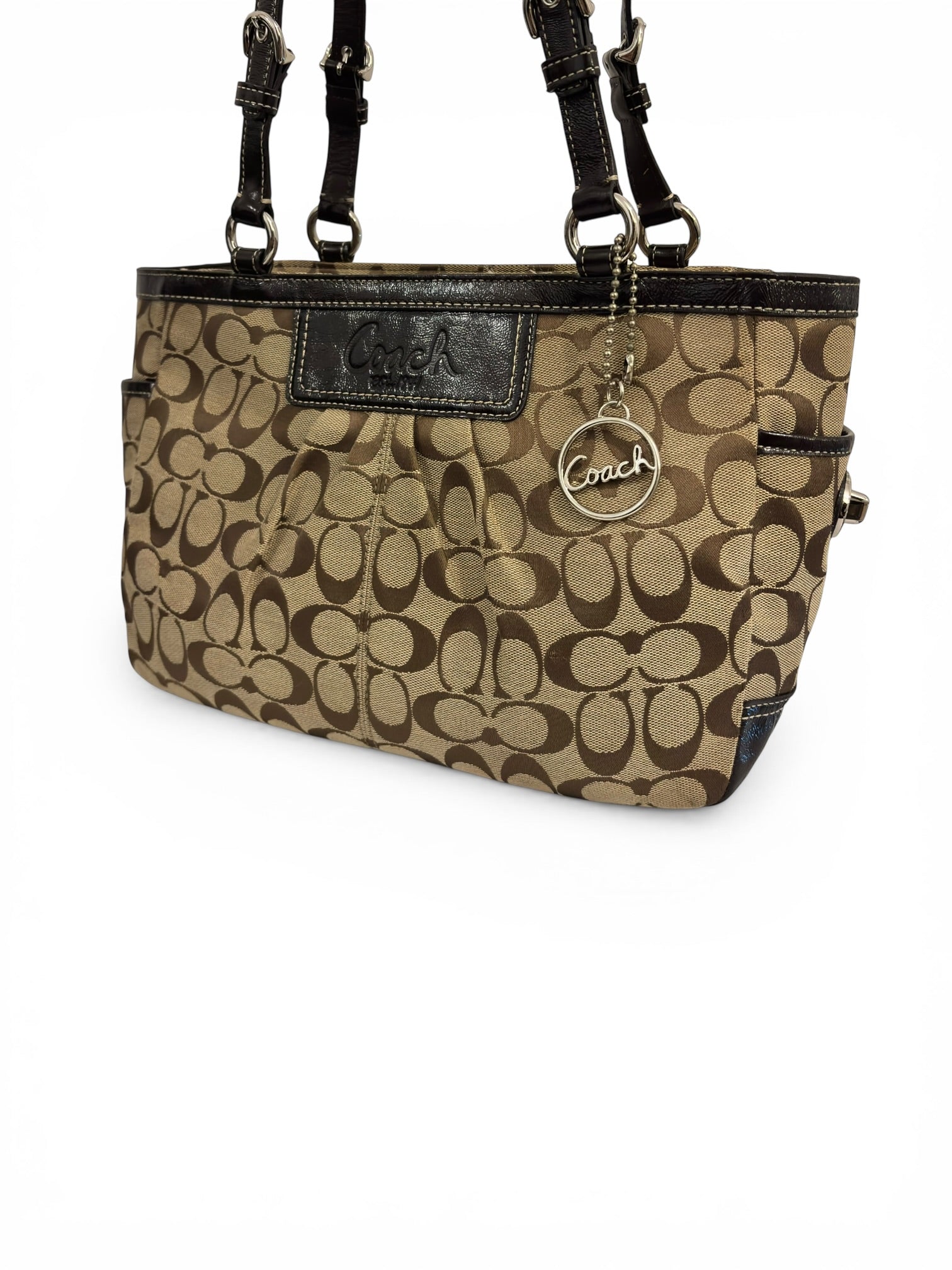 Coach Brown Beige Pleated Signature Gallery Canvas & Patent Leather Tote Shoulder Bag