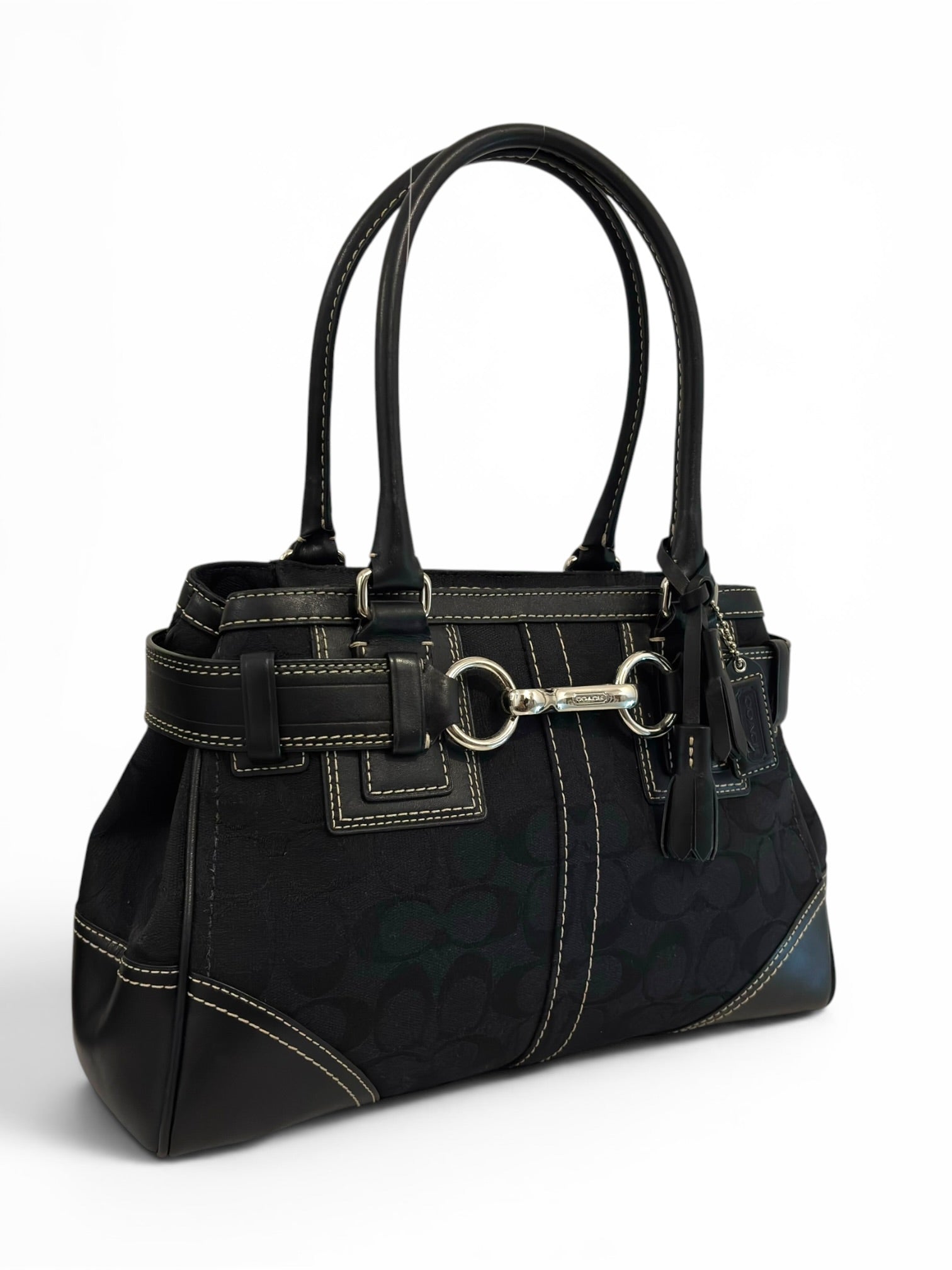 Coach Black Hampton Canvas & Leather Clip Tassel
Belted Tote Shoulder Bag
