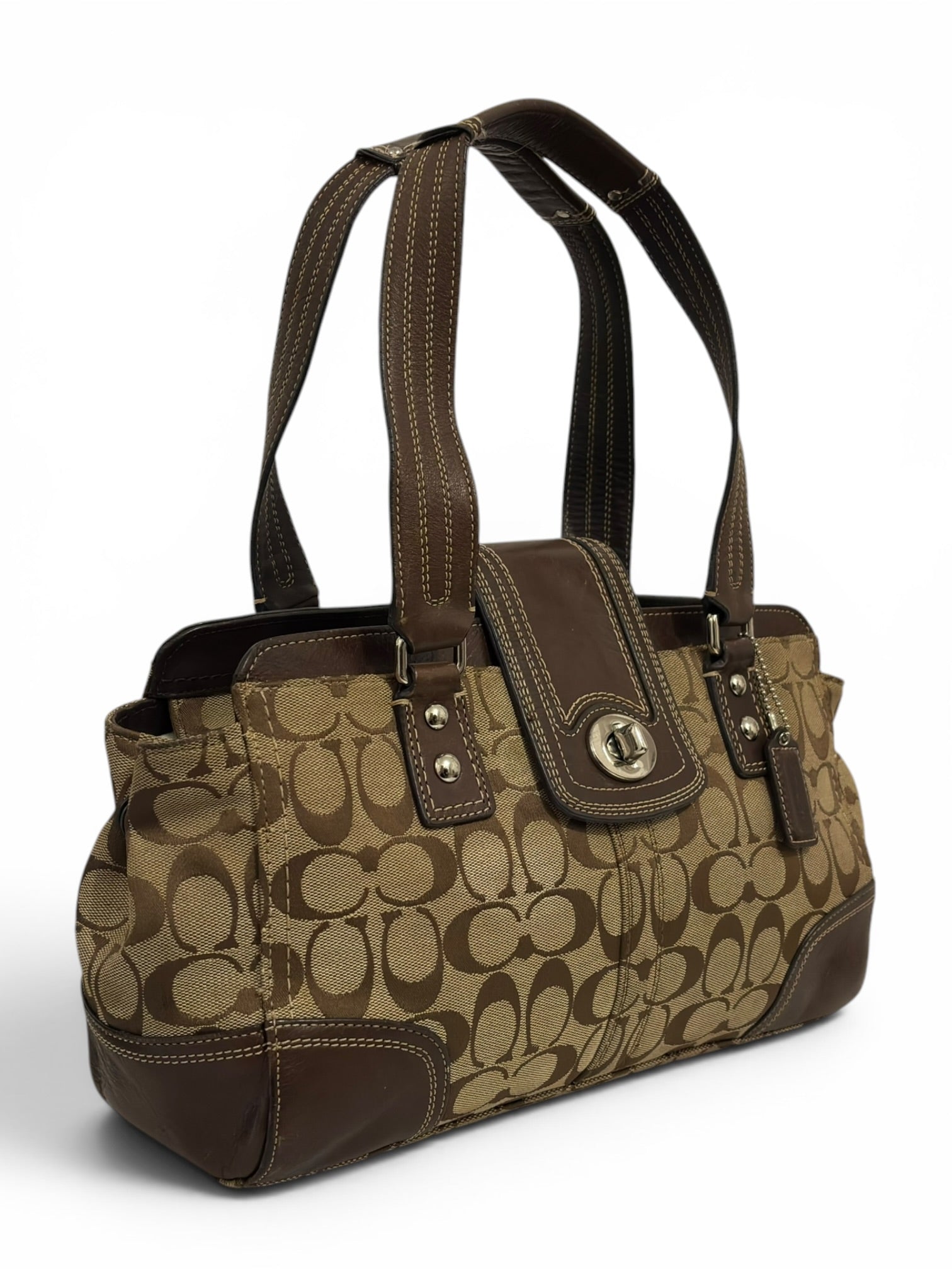 Coach Chestnut Brown Canvas & Leather Turnlock Hamptons Carryall F13975 Tote Vintage Shoulder
Bag