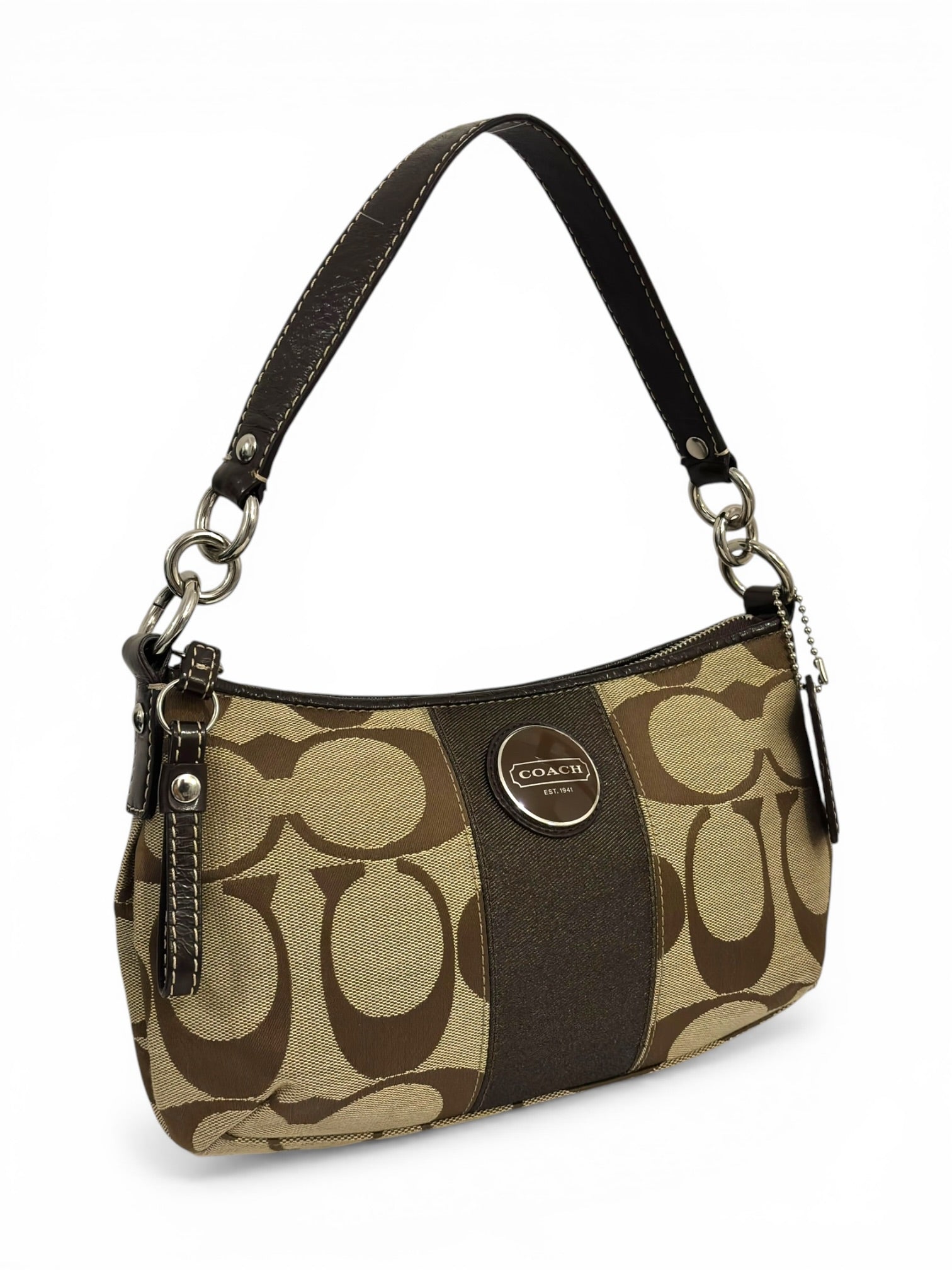 Coach Brown Signature Stripe Demi Baguette
Canvas & Patent Leather Shoulder Bag