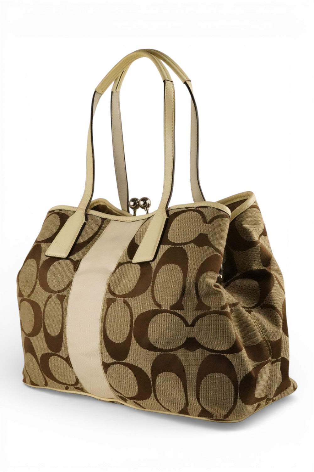 Coach Brown Beige Signature Kisslock 3 Section Large Tote Vintage Shoulder Bag