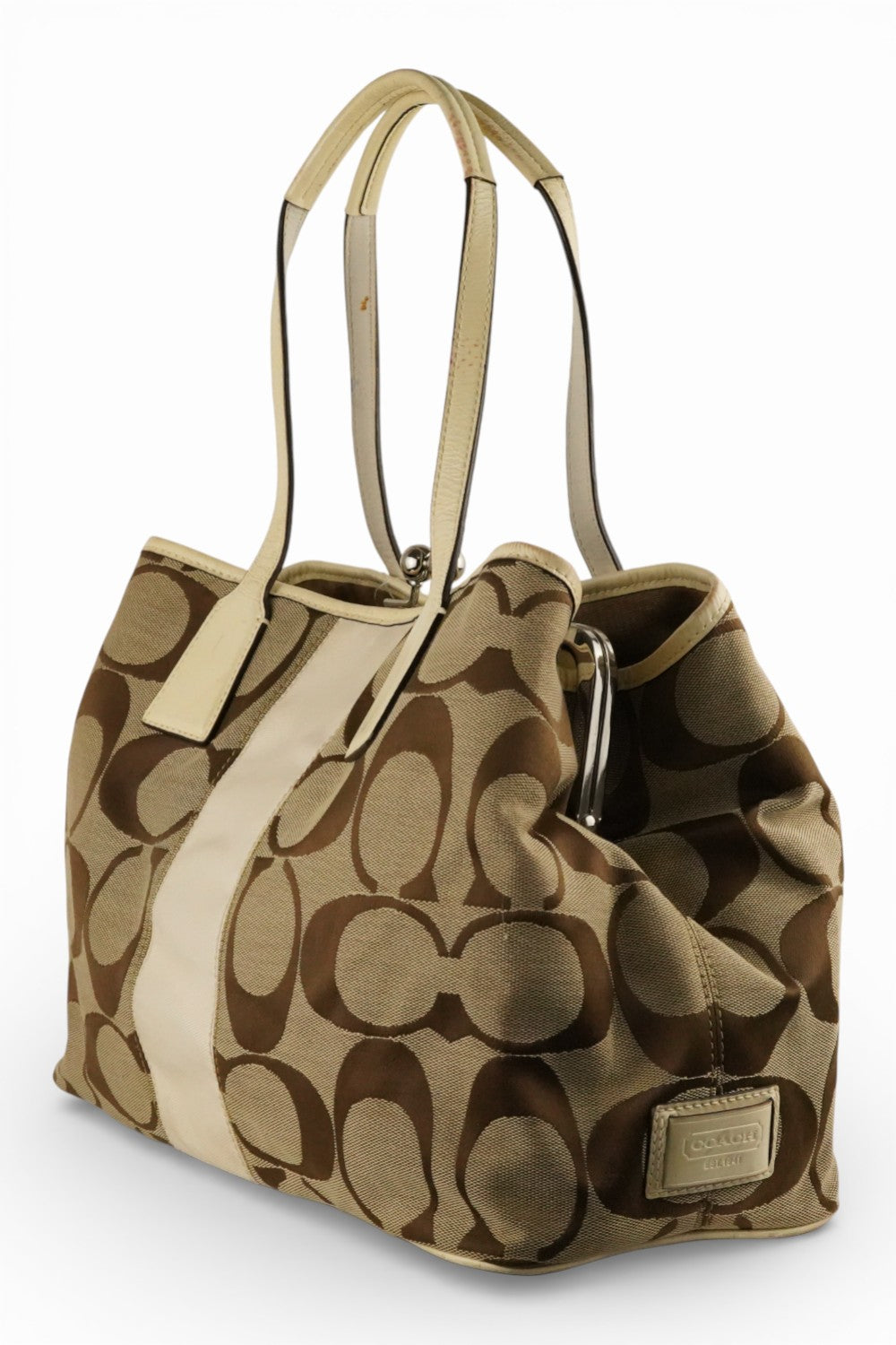 Coach Brown Beige Signature Kisslock 3 Section Large Tote Vintage Shoulder Bag
