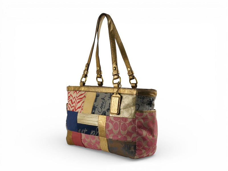 Coach Vintage Multicoloured Metallic Gold Leather Patchwork Tote Blue & Pink Shoulder Bag