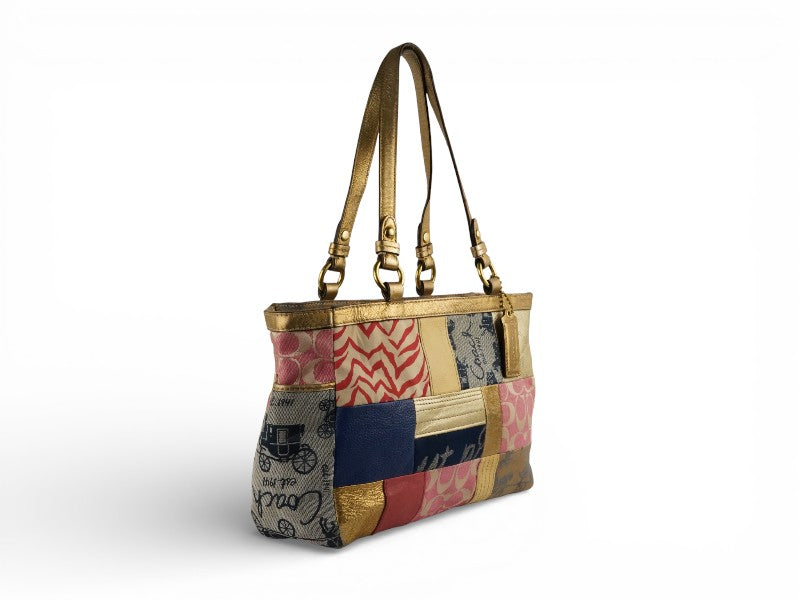 Coach Vintage Multicoloured Metallic Gold Leather Patchwork Tote Blue & Pink Shoulder Bag