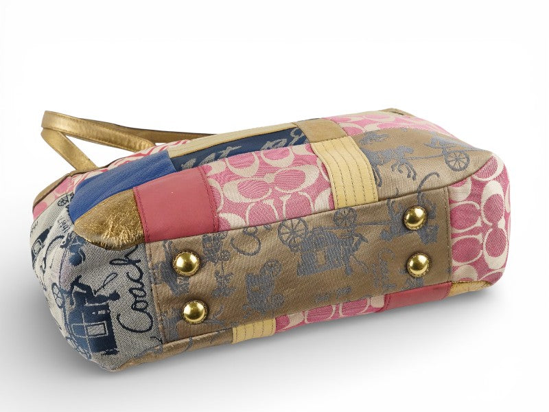 Coach Vintage Multicoloured Metallic Gold Leather Patchwork Tote Blue & Pink Shoulder Bag