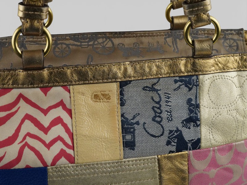 Coach Vintage Multicoloured Metallic Gold Leather Patchwork Tote Blue & Pink Shoulder Bag