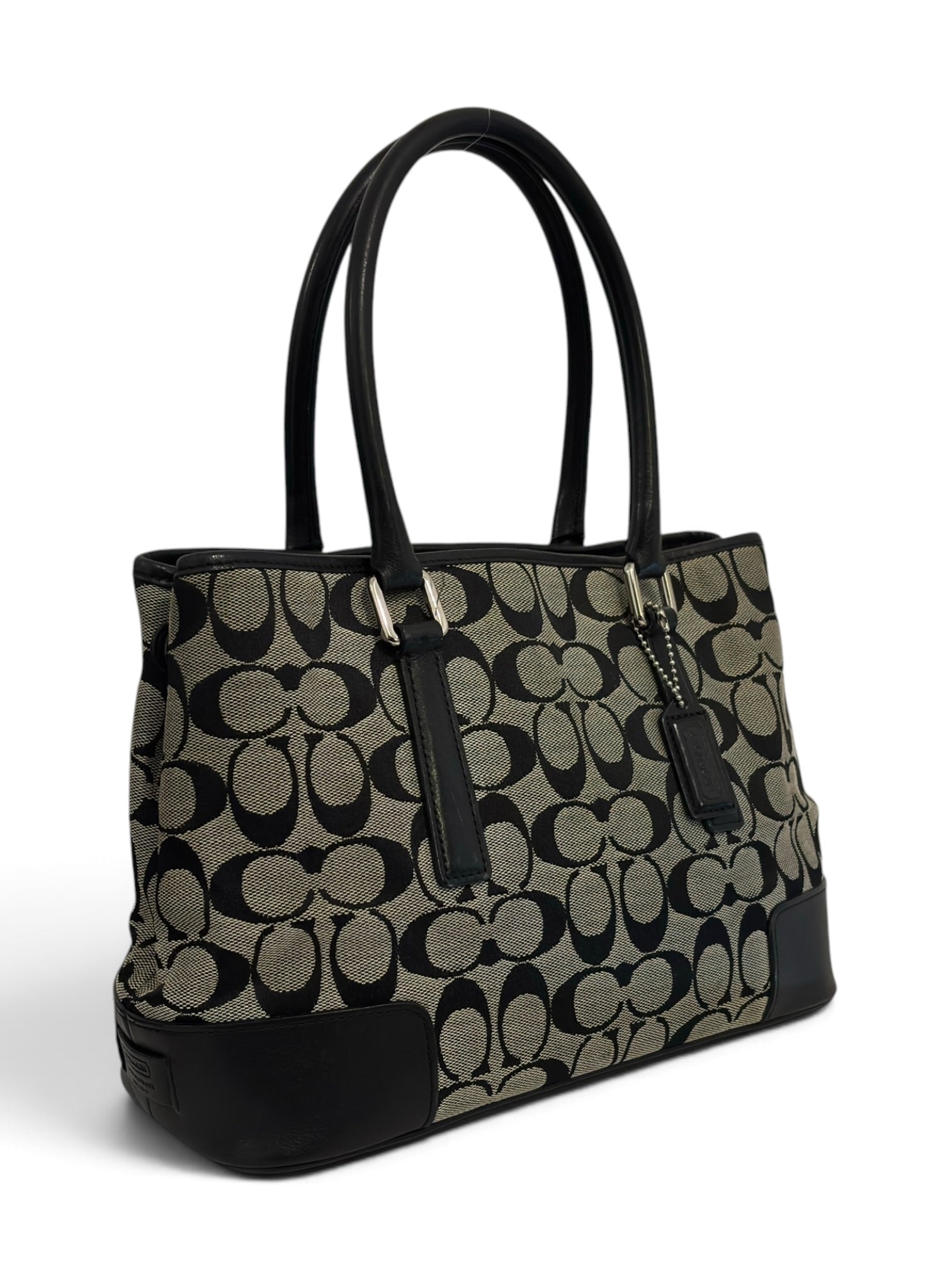 Vintage Y2K Coach Signature Canvas Tote Bag Black Leather Shoulder Bag F2J-6089