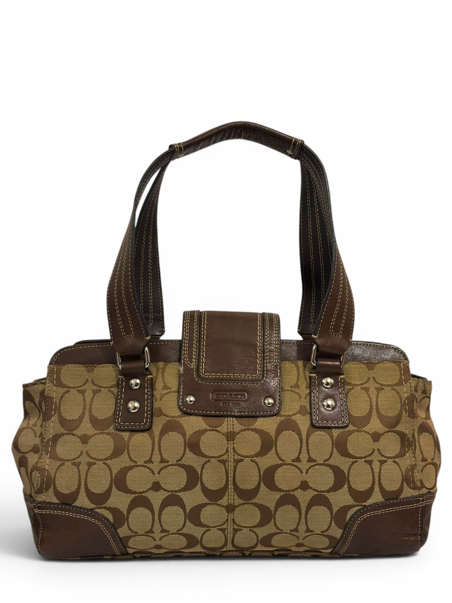 Coach Chestnut Brown Canvas & Leather Turnlock Hamptons Carryall F13975 Tote Vintage Shoulder
Bag