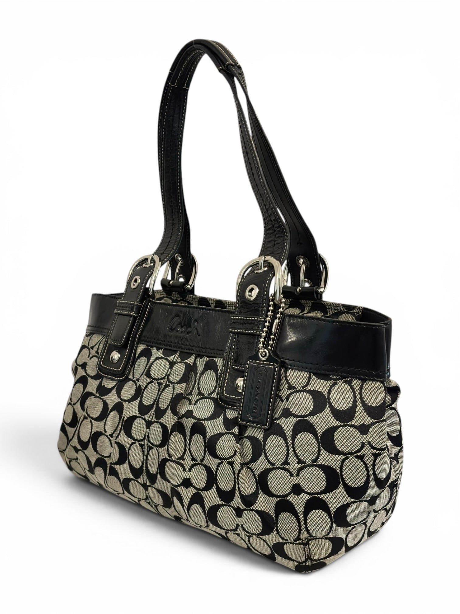 Coach Black & grey Soho Signature Pleated Canvas & Patent Leather Vintage Tote Shoulder Bag