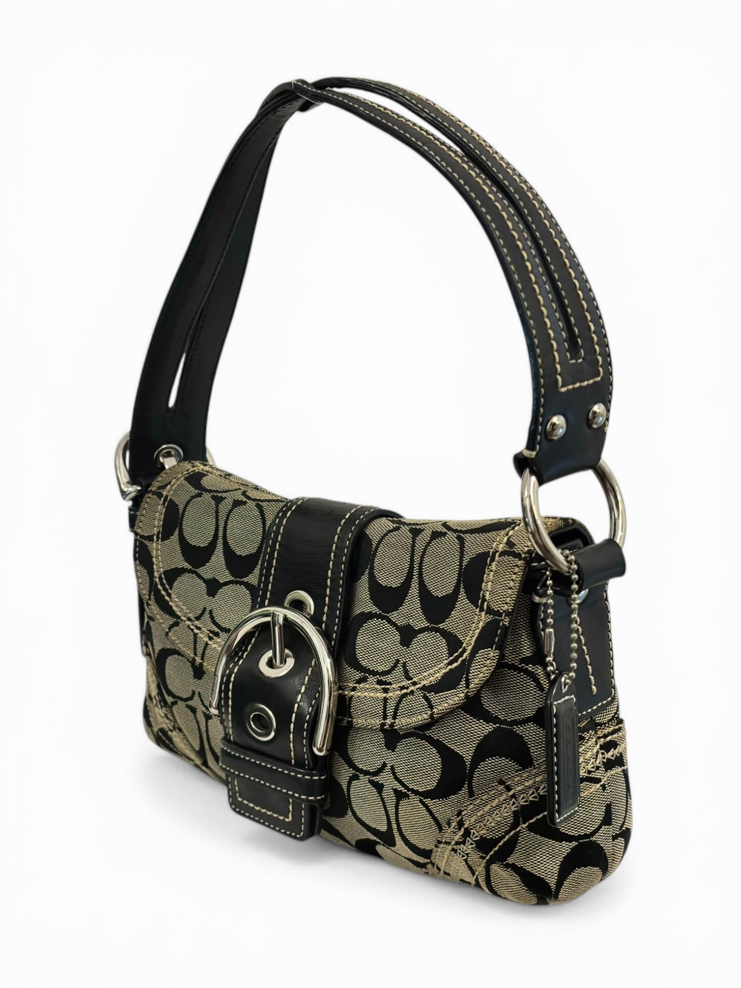 Coach Soho Signature Black & Grey Buckle Canvas & Leather Shoulder Bag