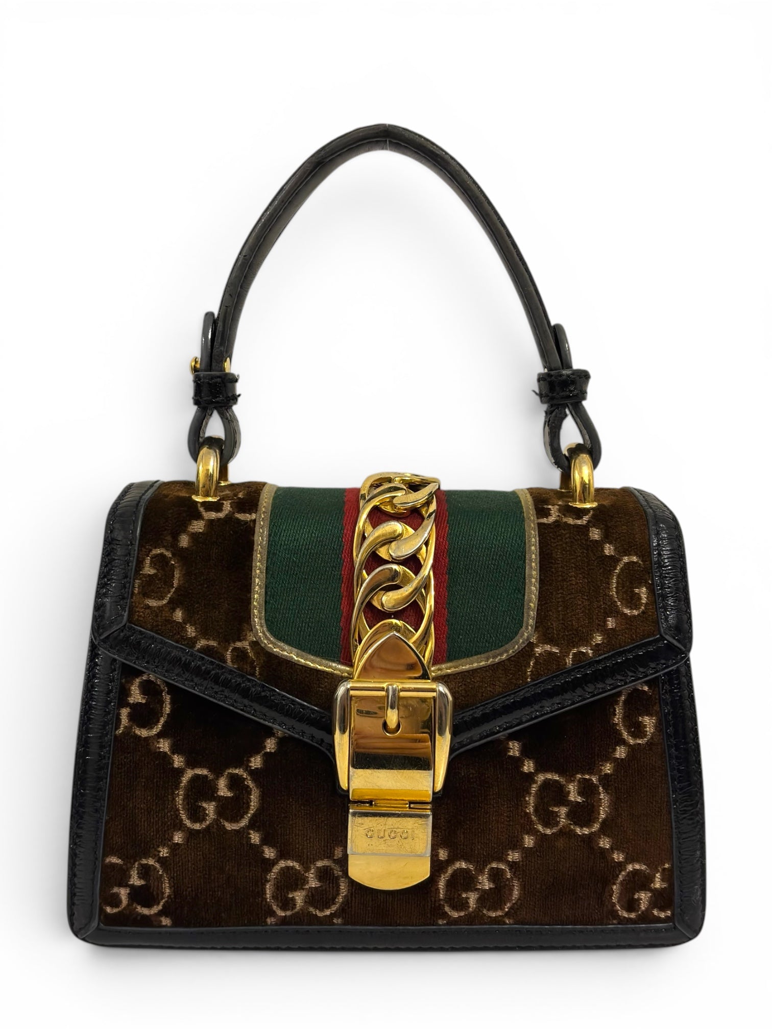 Gucci Sylvie Rare Mini GG Velvet Brown Web Stripe
Gold Hardware 493075 Top Handle Bag