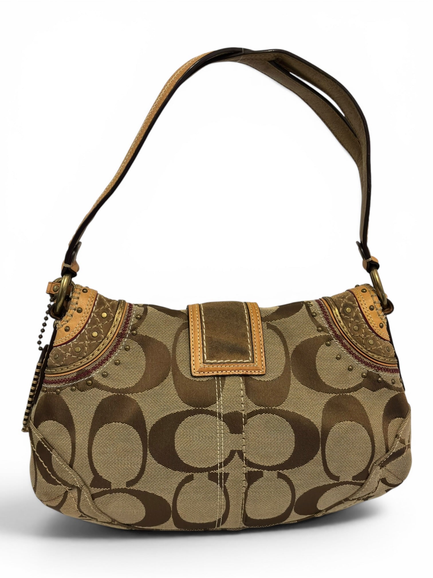 Coach Rare Signature Brown Tan Soho Studded Buckle Canvas Suede Leather Hobo Shoulder Bag