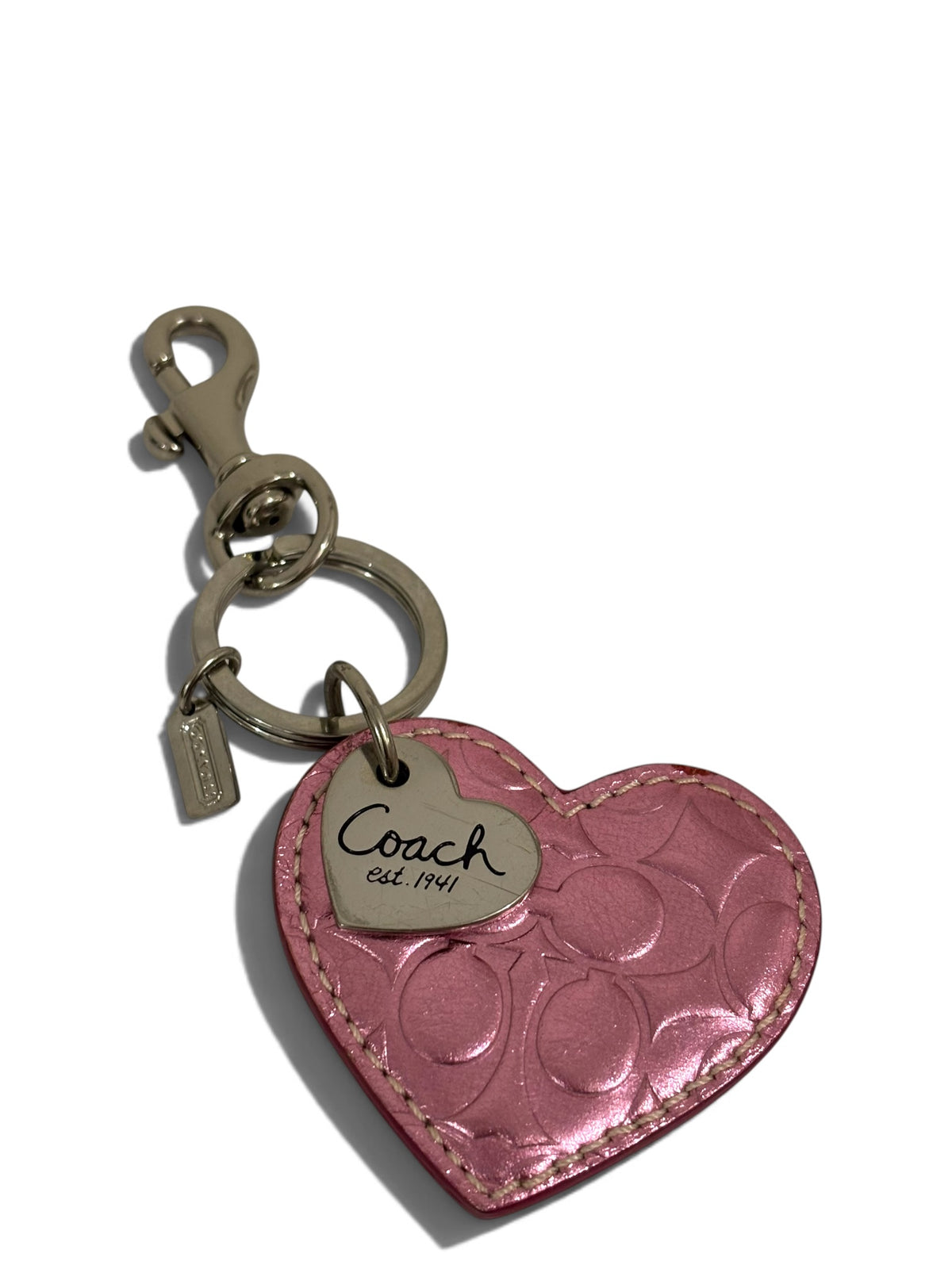 Pre-Owned Coach Heart Bag Charm Keyring In Metallic Pink Leather