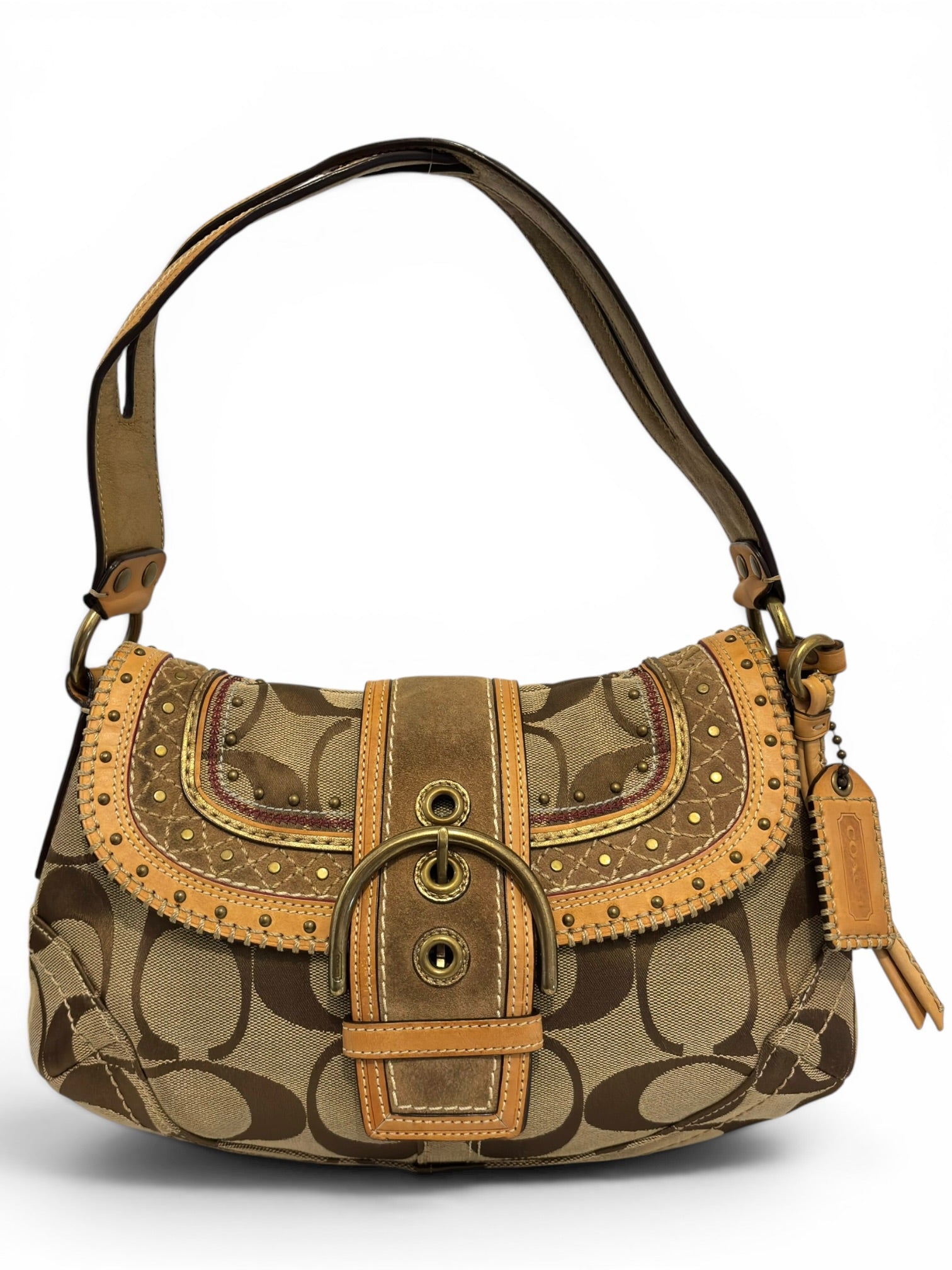 Coach Rare Signature Brown Tan Soho Studded Buckle Canvas Suede Leather Hobo Shoulder Bag