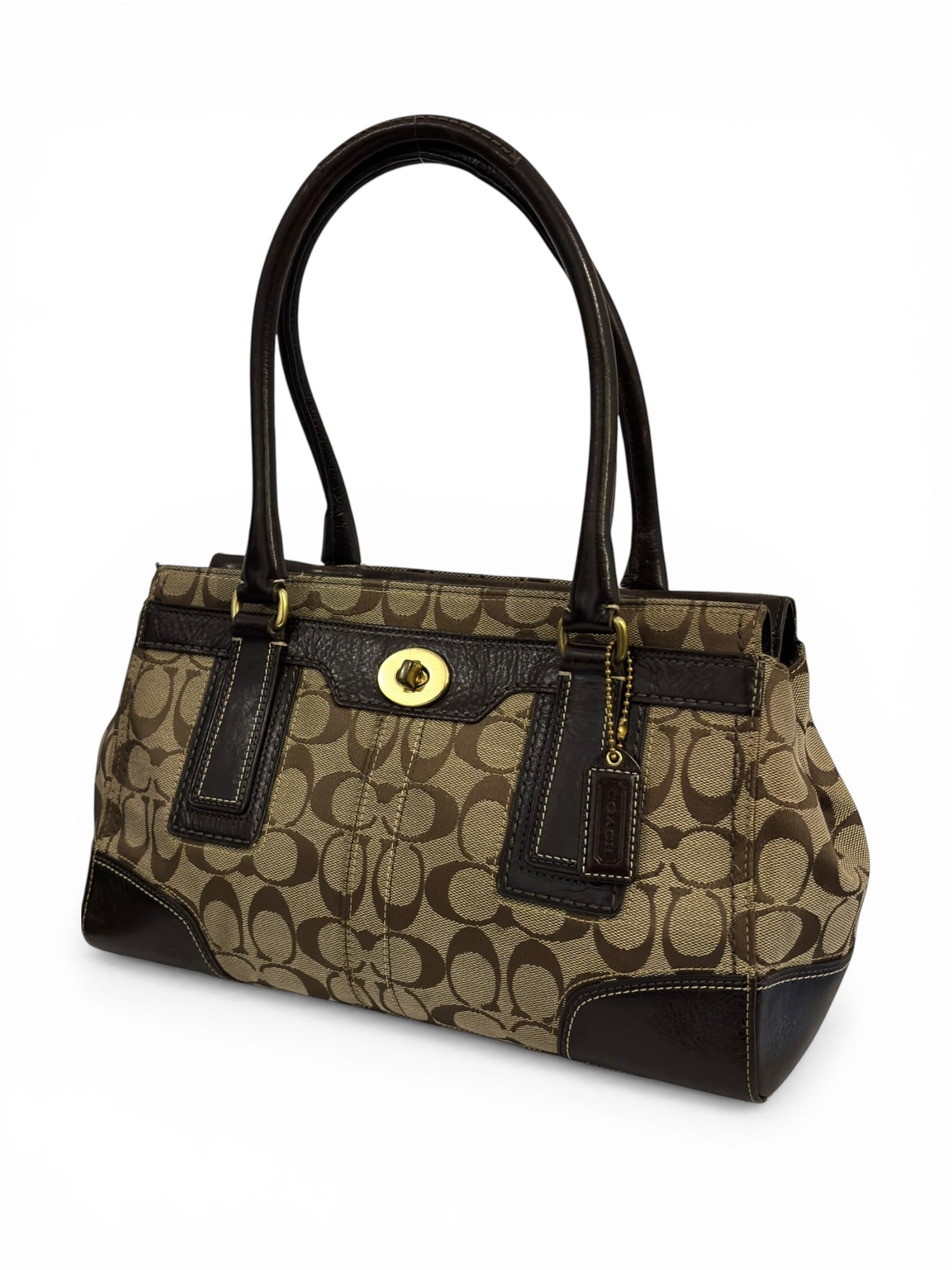 Coach Hamptons Brown Signature Turnlock Canvas & Leather Vintage Tote Shoulder Bag