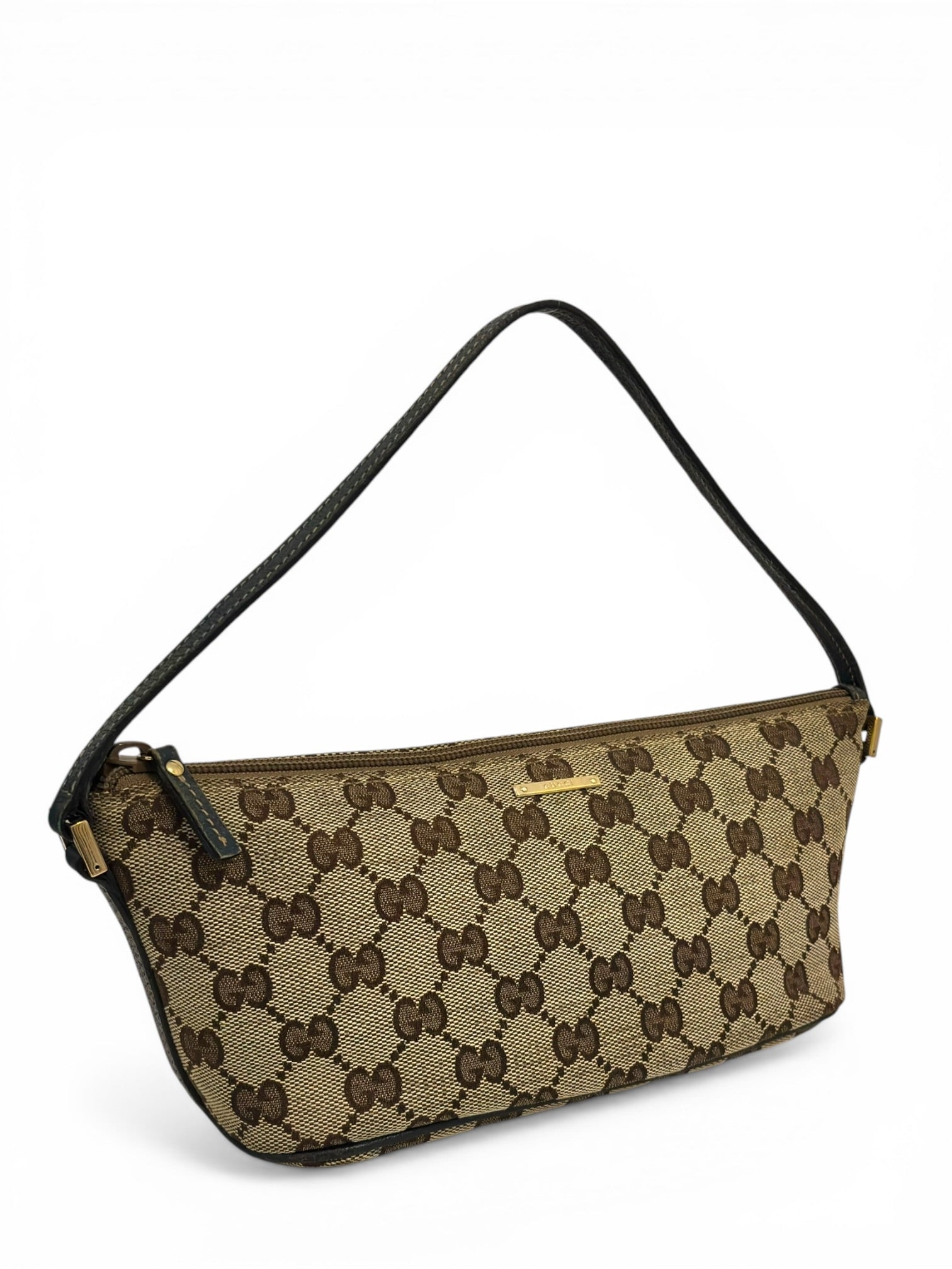 Gucci Brown Beige Canvas & Dark Blue Leather Pochette Boat Shoulder Bag