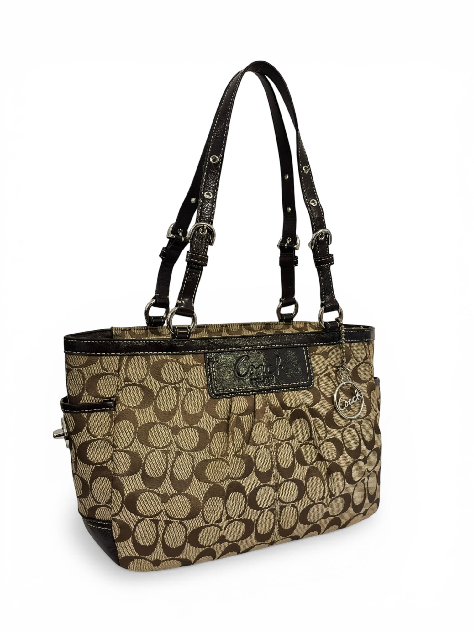 Coach Brown Beige Pleated Signature Gallery Canvas & Patent Leather Tote Shoulder Bag