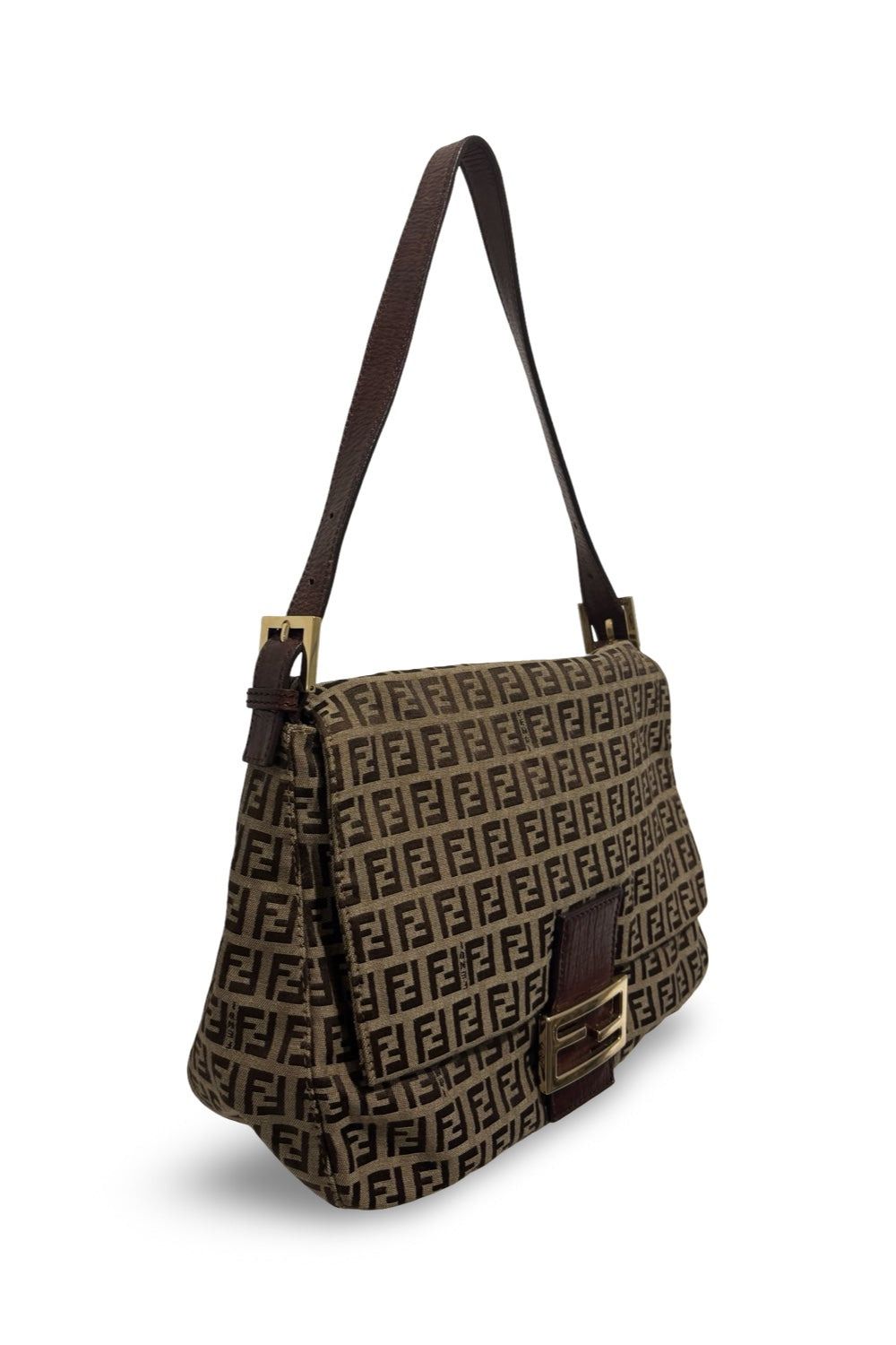 Fendi Zucchino Canvas Brown & Khaki Mamma Baguette Large Signature Shoulder Bag Vintage 2000's
