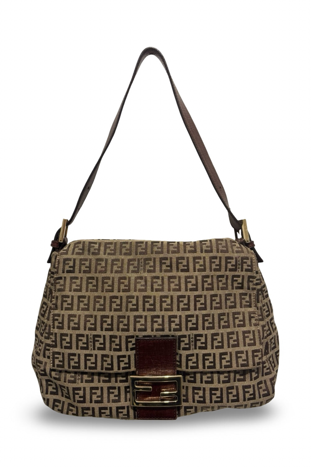 Fendi Zucchino Canvas Brown & Khaki Mamma Baguette Large Signature Shoulder Bag Vintage 2000's