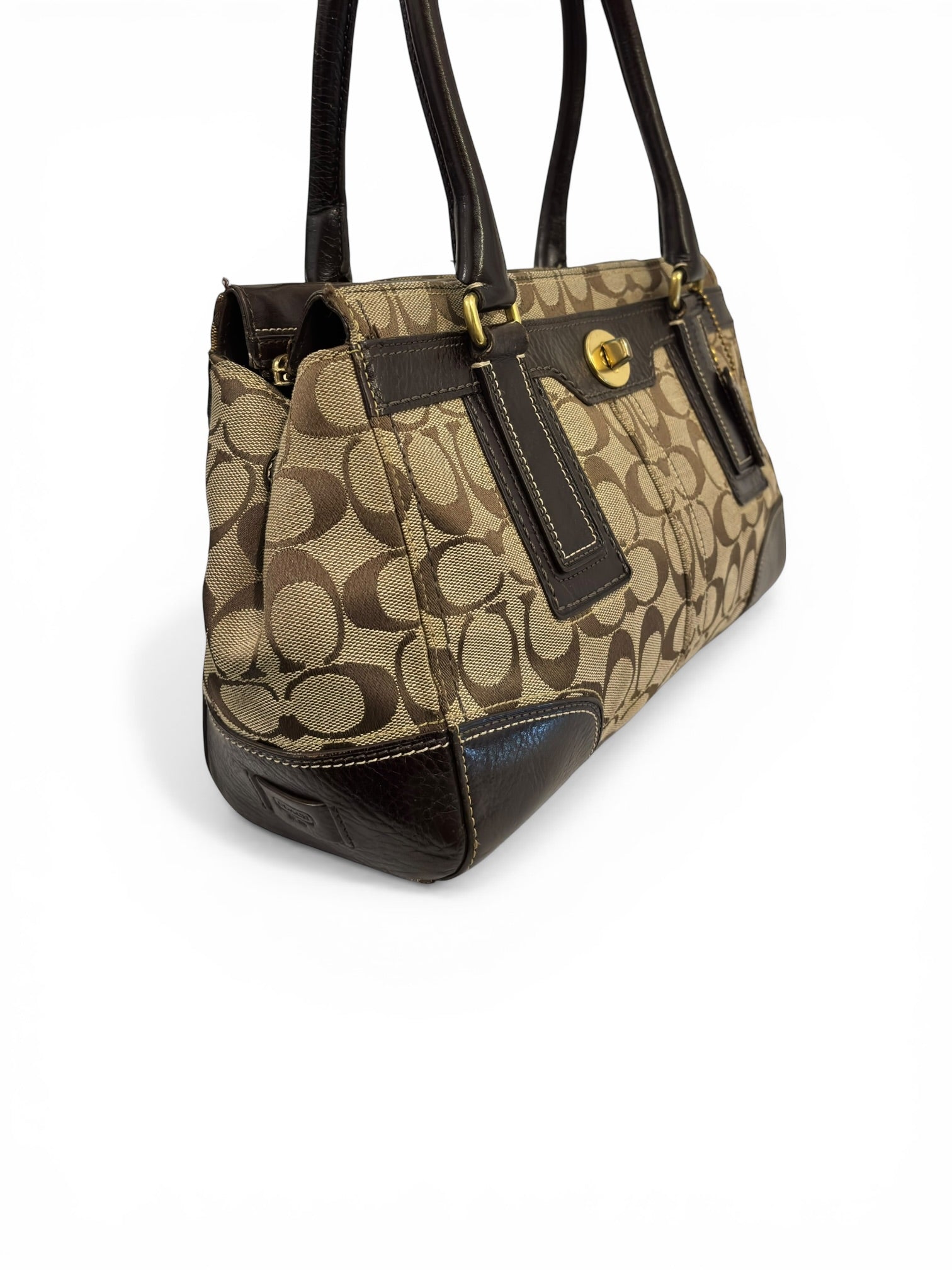 Coach Hamptons Brown Signature Turnlock Canvas & Leather Vintage Tote Shoulder Bag