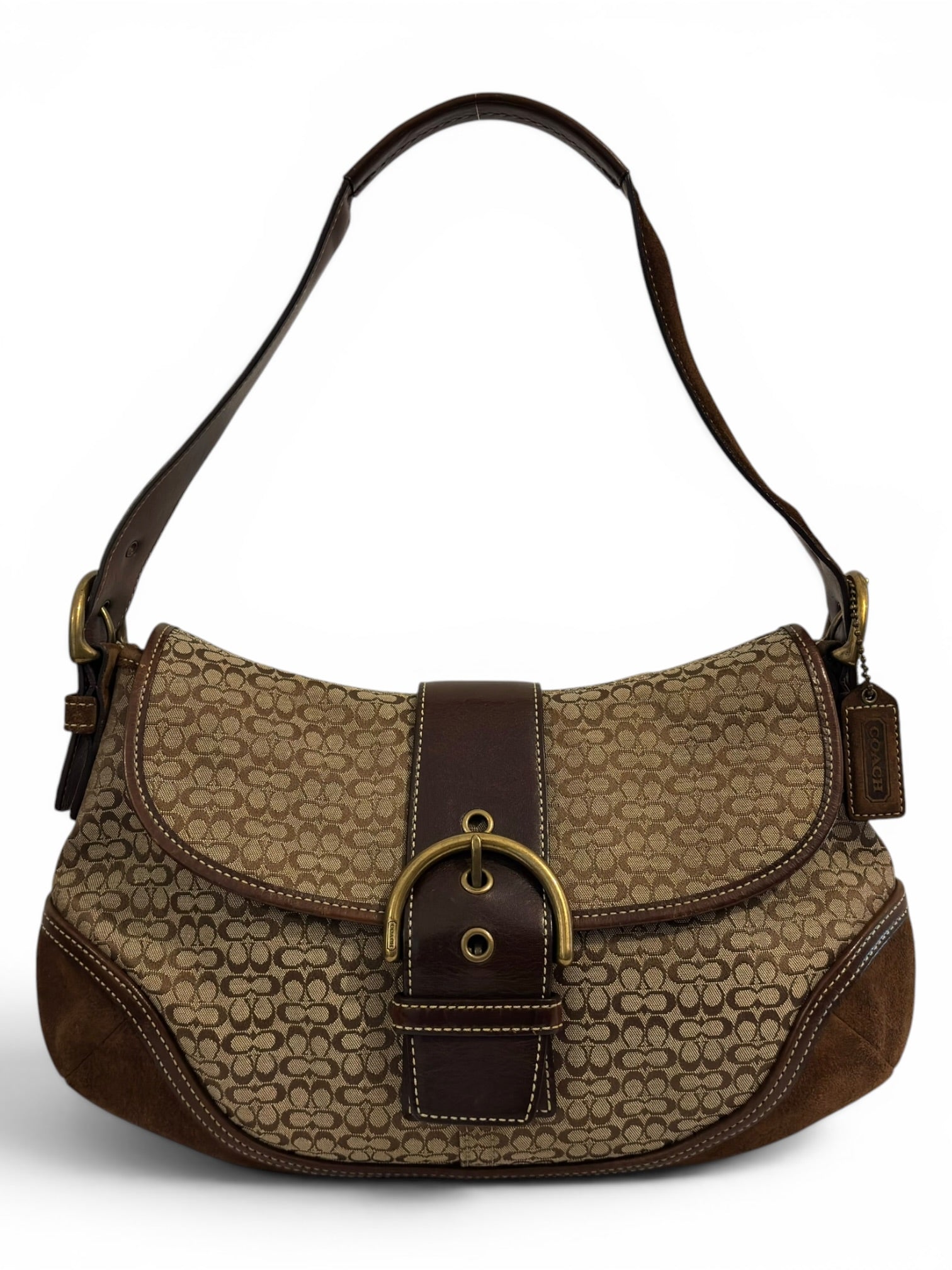 Coach Brown & Beige Signature Soho Flap Buckle Canvas Suede & Leather Hobo Shoulder Bag
G04J-6808