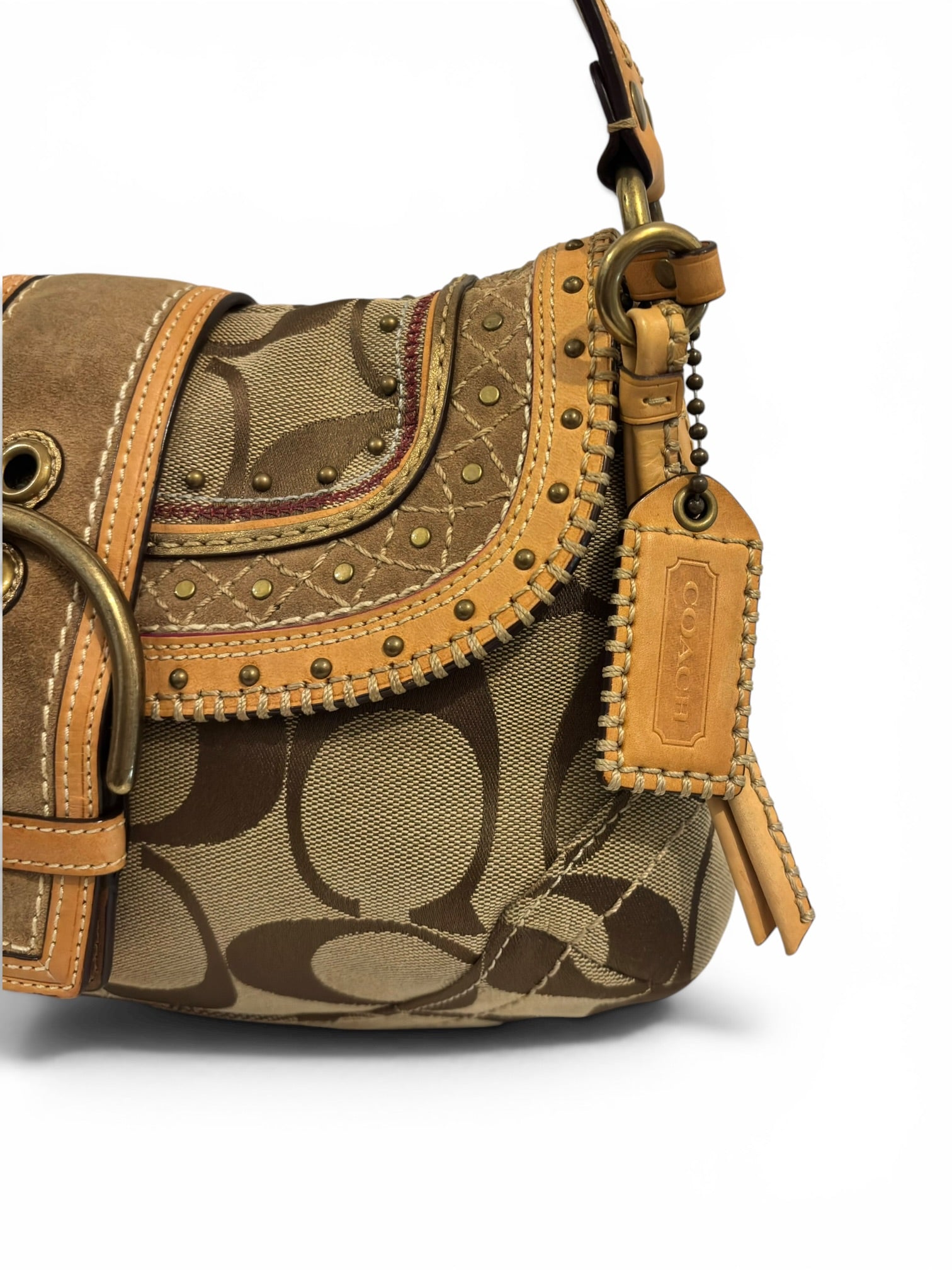 Coach Rare Signature Brown Tan Soho Studded Buckle Canvas Suede Leather Hobo Shoulder Bag