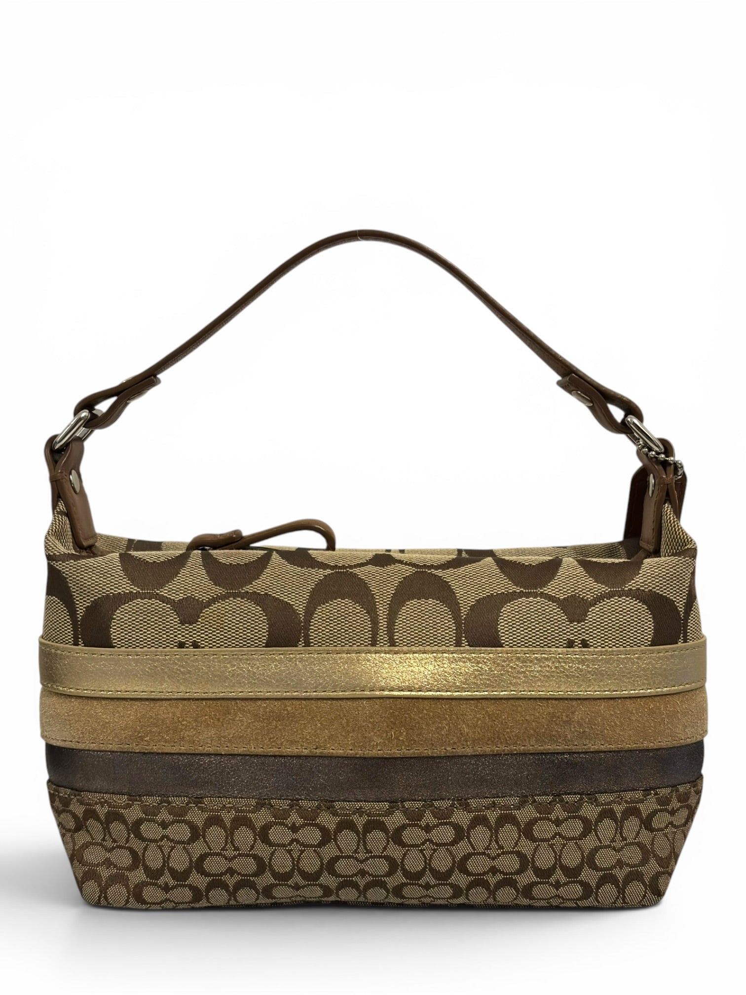 Coach Rare Mini Signature Striped Patchwork Tan Brown Beige Canvas Leather & Suede Vintage
Handbag