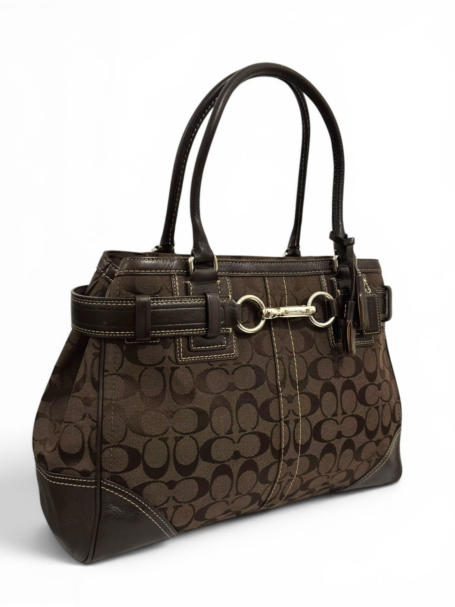 Coach Chocolate Brown Hamptons Signature Canvas & Leather Large Vintage Clip Tote Shoulder Bag