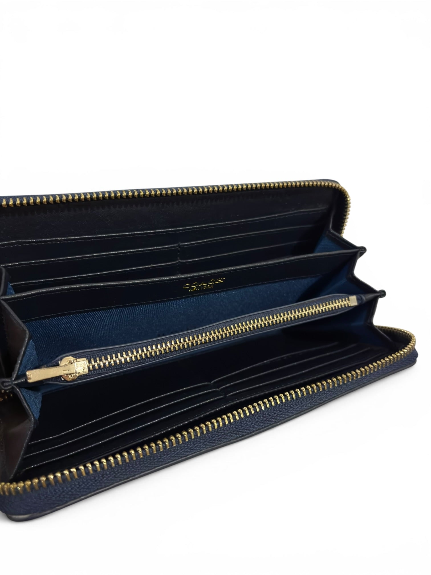 Coach (New - Boxed) Accordion Zip Wallet Midnight Blue Navy Crossgrain Leather Gold Hardware Purse