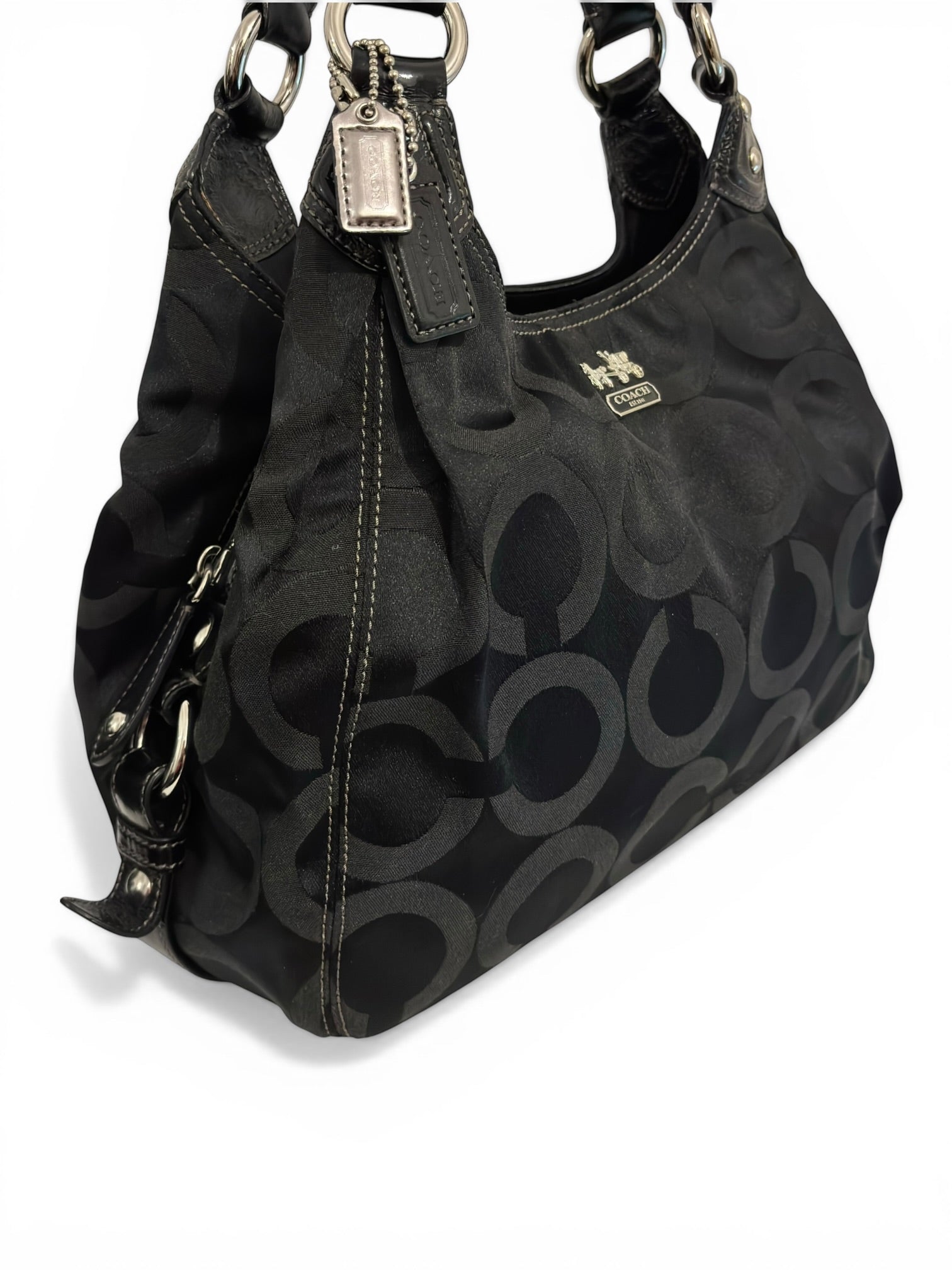 Coach Black Madison Maggie OP Art Canvas Satin & Leather Signature Shoulder Bag