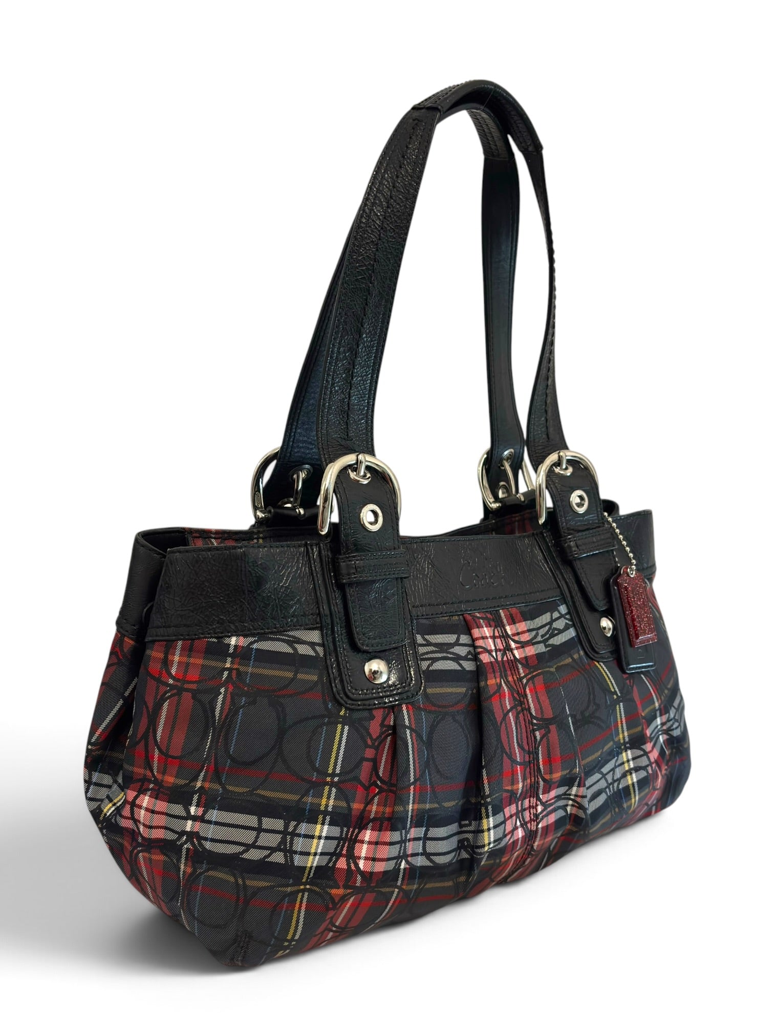 Vintage Coach Poppy Soho Tartan Plaid Op Art Tote Bag Black Leather Shoulder Handbag F15223