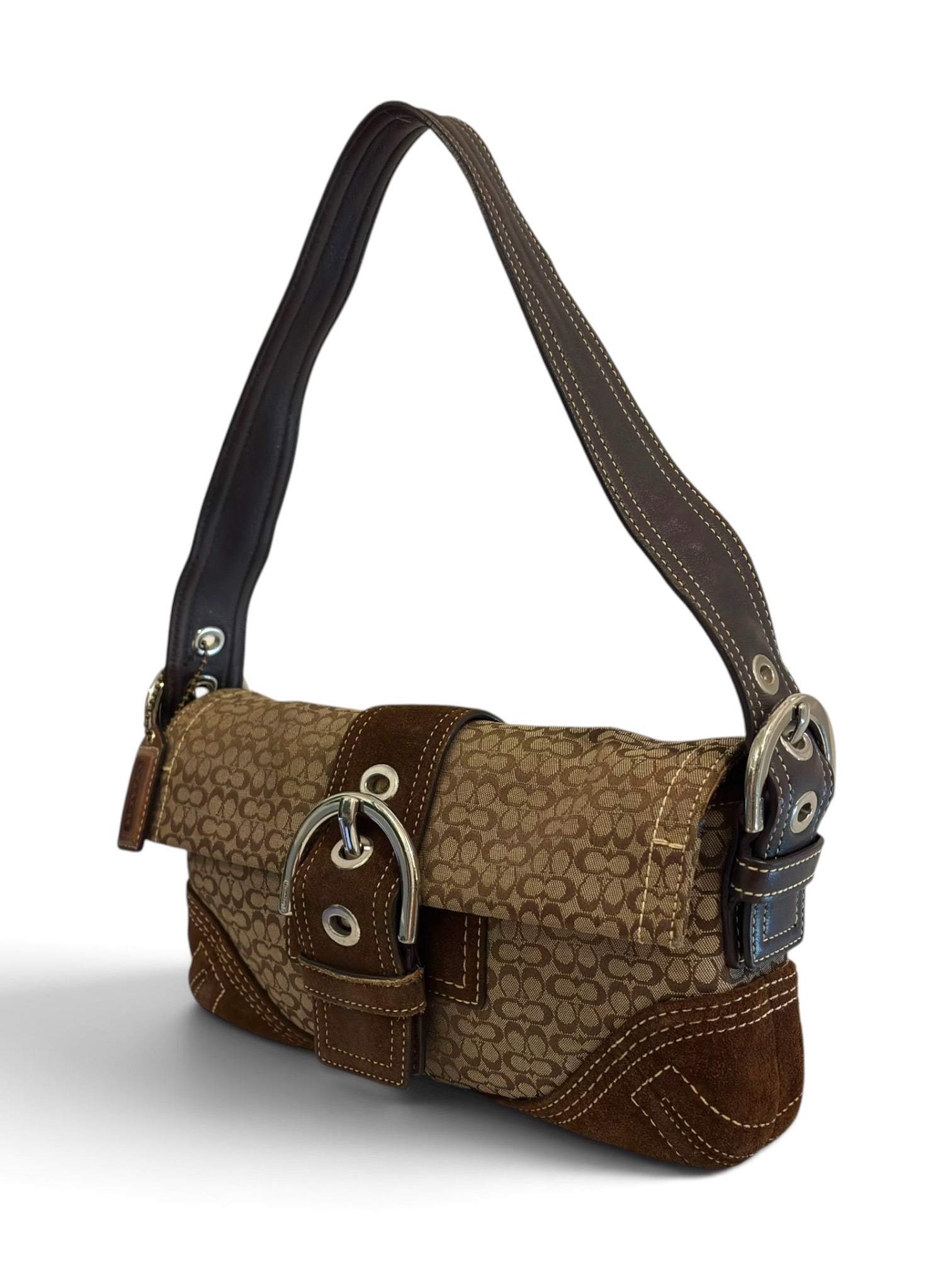 Vintage Coach Soho Bag Flap Signature Brown Shoulder Bag C05Q-3628