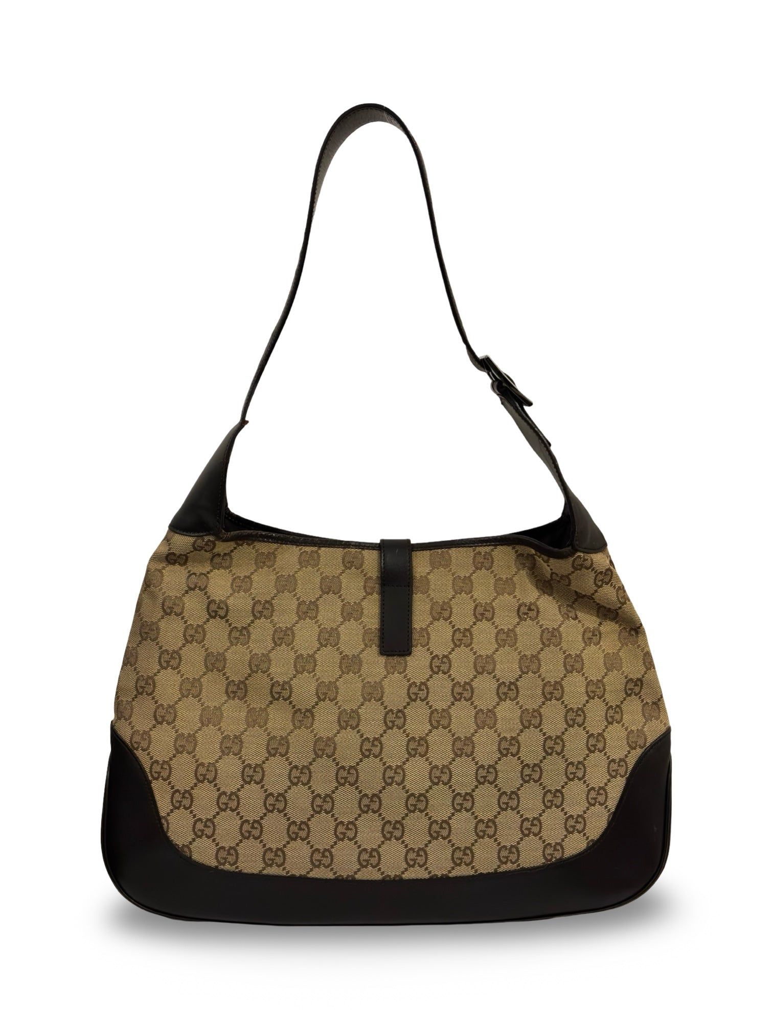 Gucci Jackie Canvas & Leather Brown Green Signature Stripe Vintage Hobo Shoulder Bag