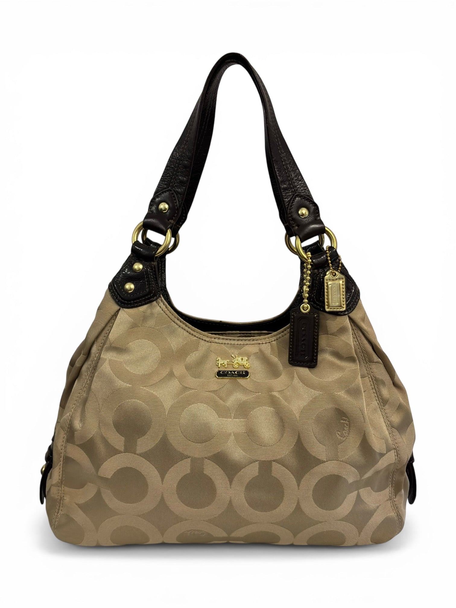 Coach Madison OP Art Sateen Maggie Brown Beige Canvas & Leather Signature Hobo Shoulder Bag