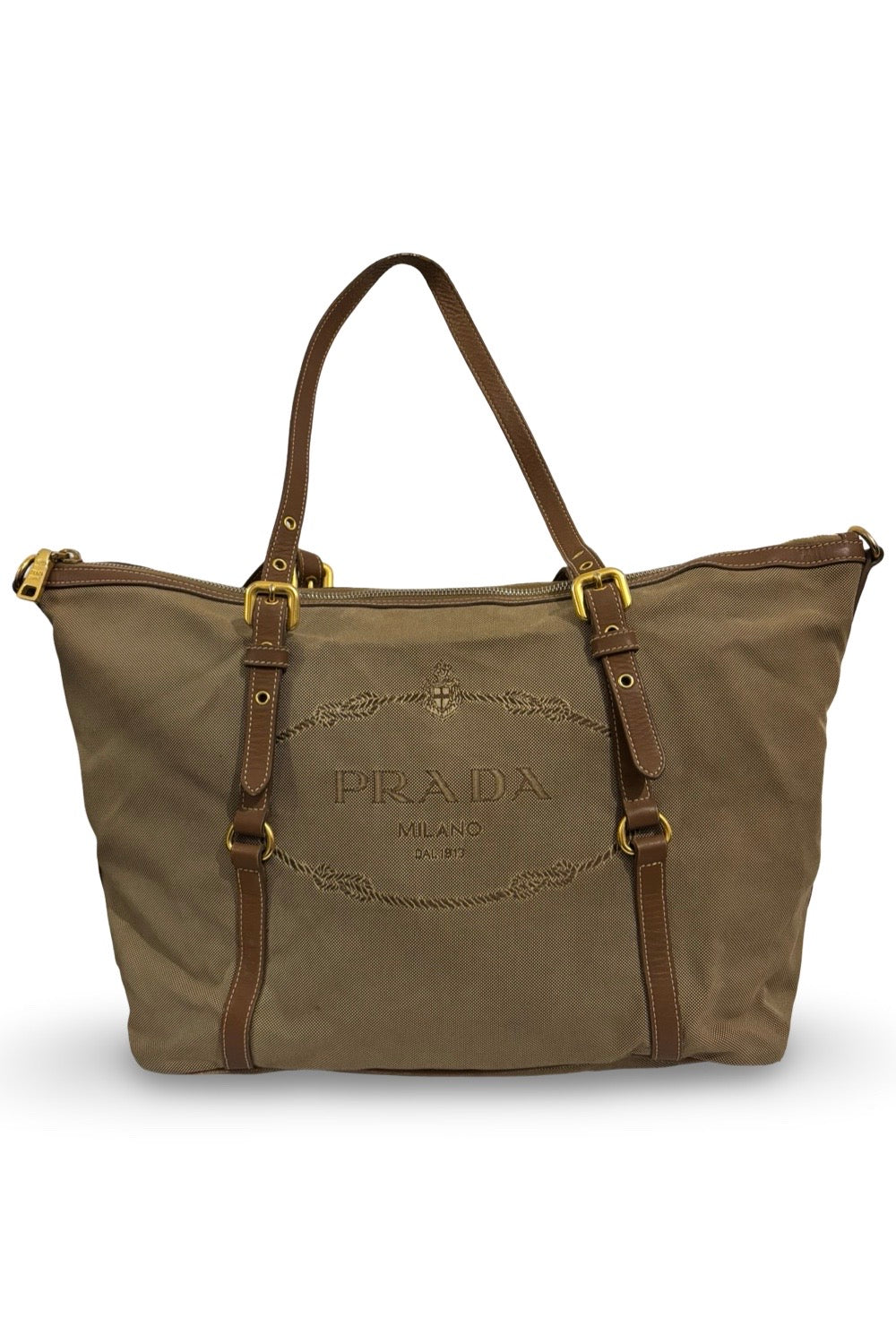 Prada Khaki / Beige / Brown Canvas & Leather Canapa Tote Shoulder Bag