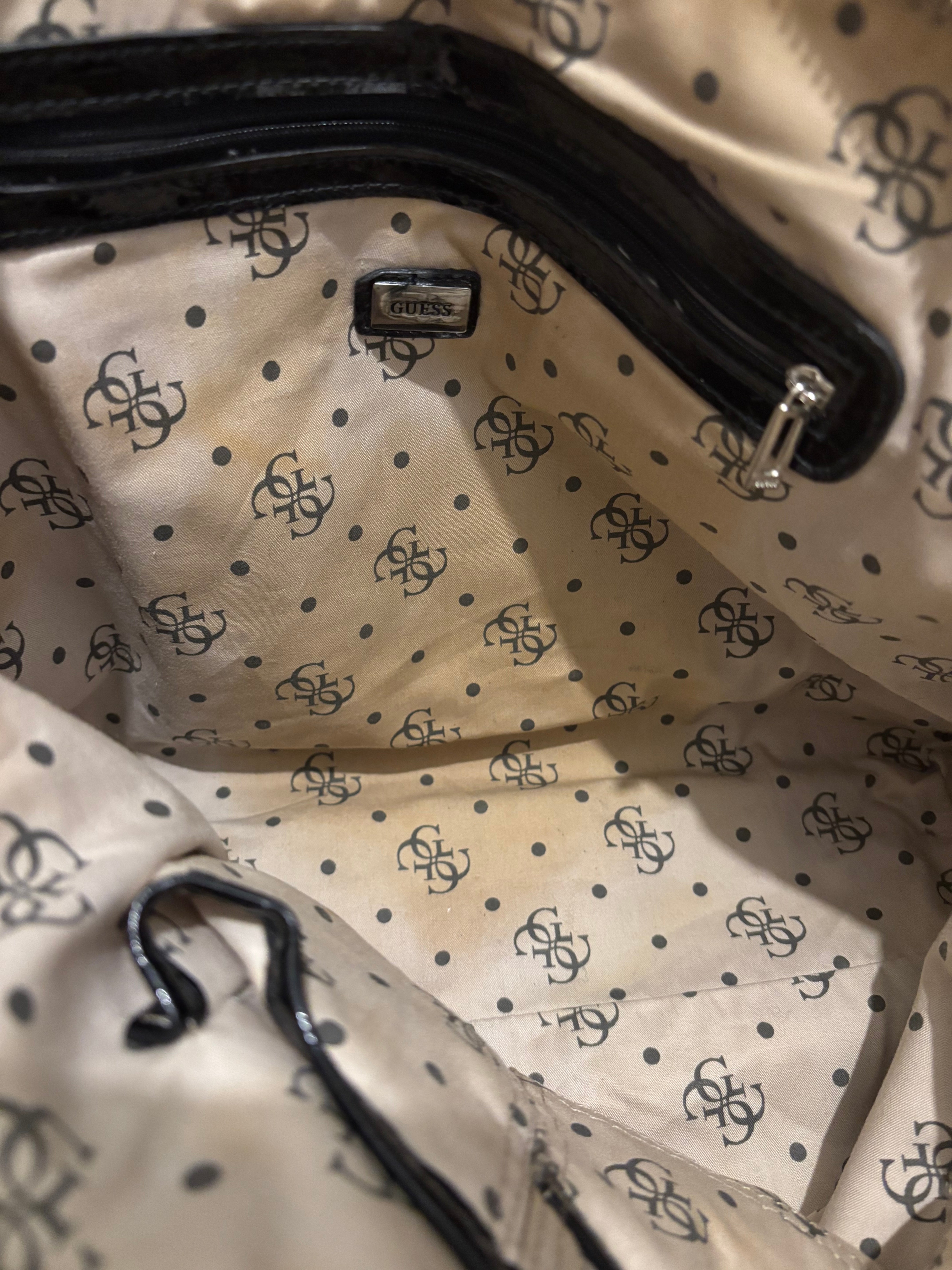 Guess Vintage Black & Grey Patent Leather 2000's PVC Tote Monogram Shoulder Bag