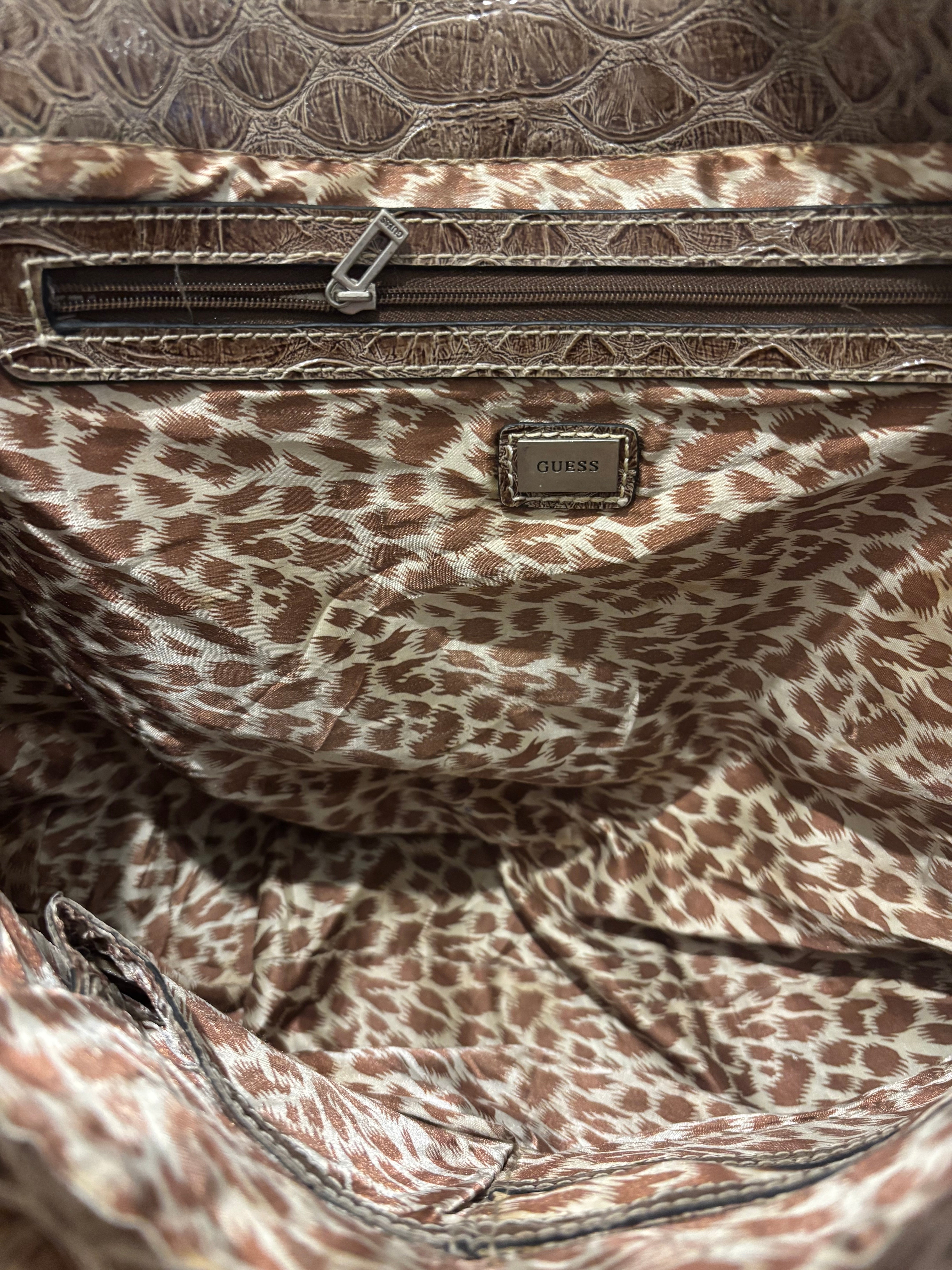 Guess Brown / Khaki Canvas & Leather PVC Croc / Snake Large Shoulder Bag