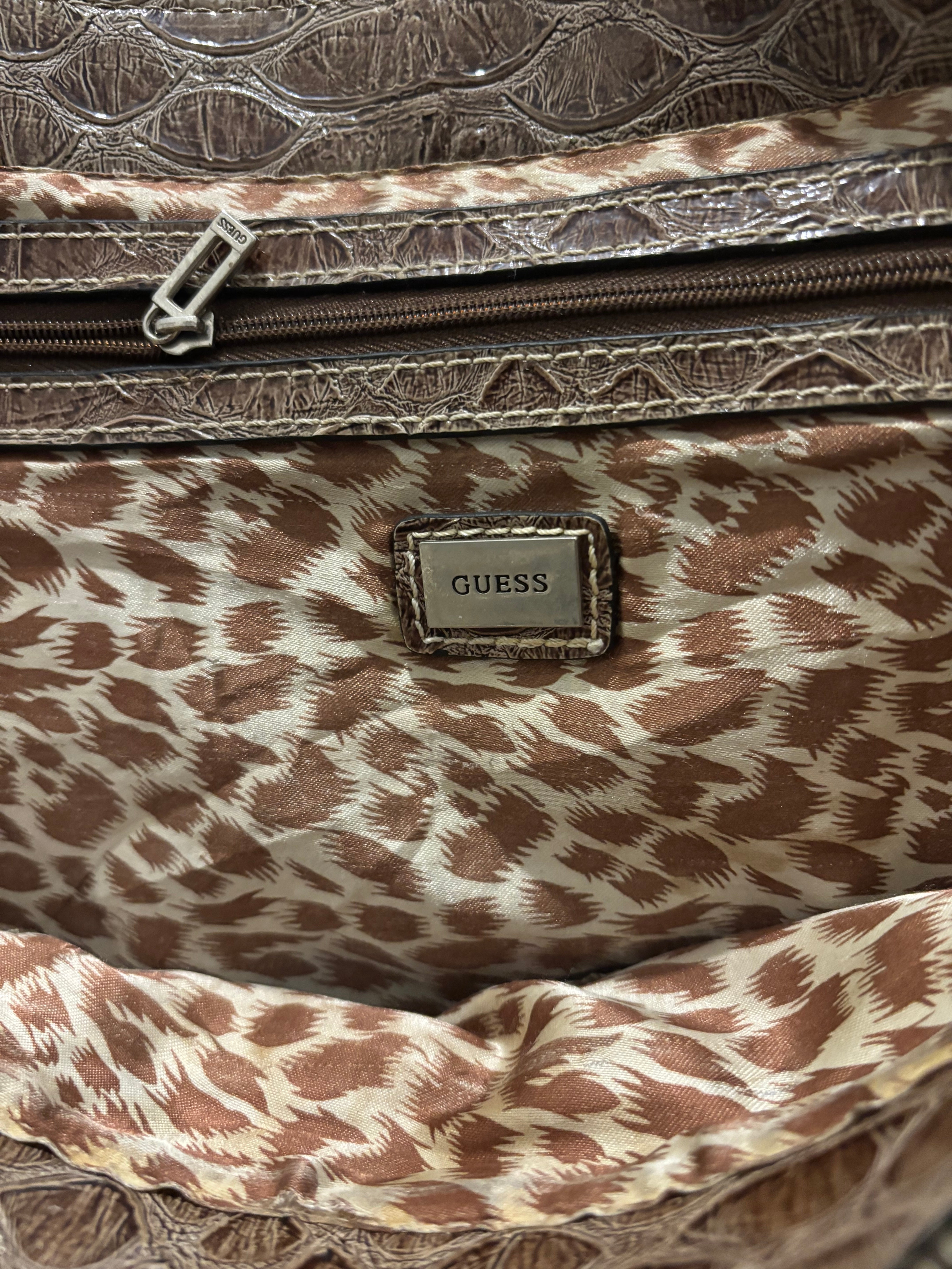 Guess Brown / Khaki Canvas & Leather PVC Croc / Snake Large Shoulder Bag