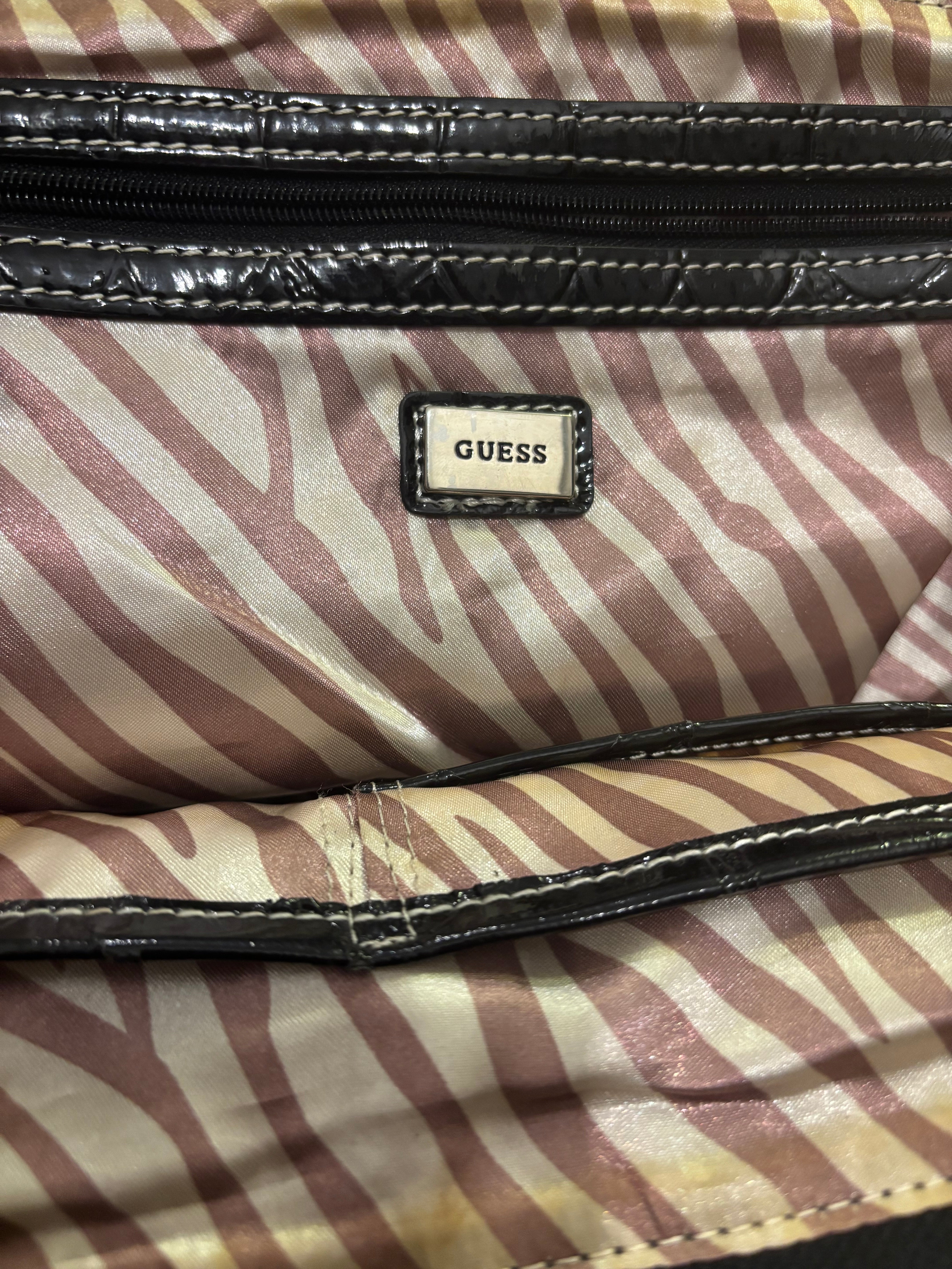 Guess Vintage Black & Grey Canvas & Leather PVC Croc Signature Shoulder Bag