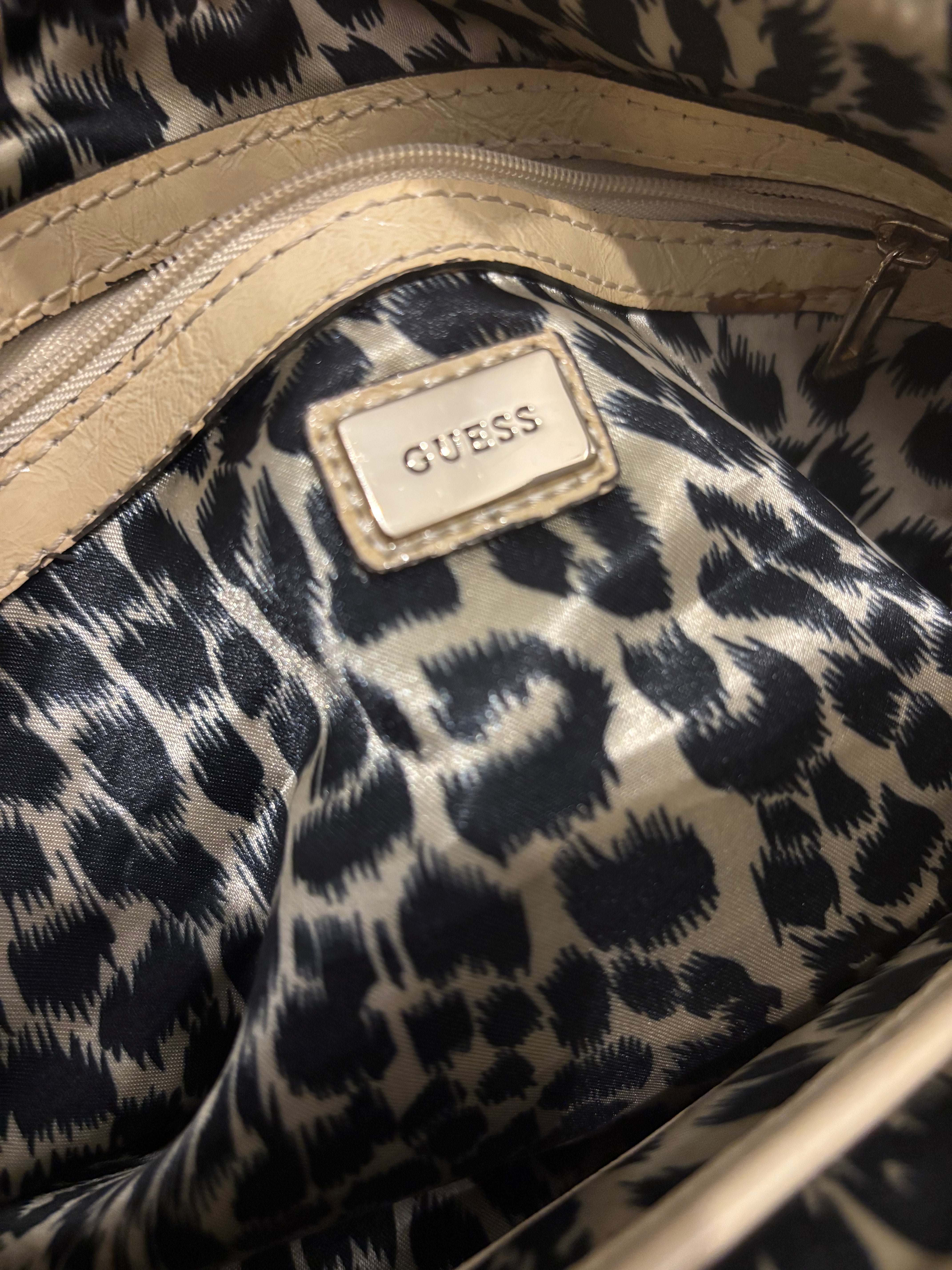 Guess Beige / Cream Signature Large Studded Canvas & Leather PVC Shoulder Bag