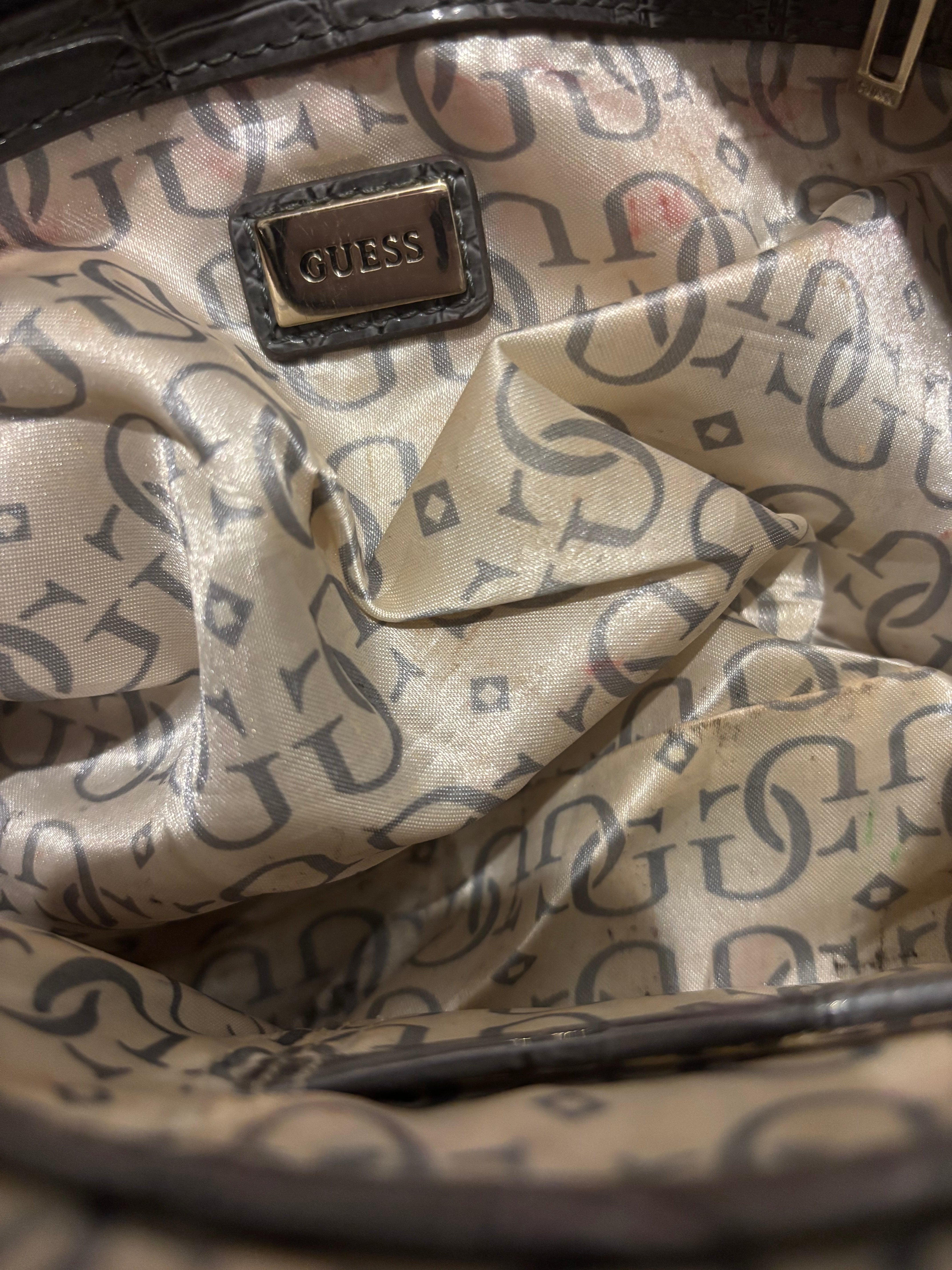 Guess Vintage Black & Blue Bow Studded Croc Leather Embossed Shoulder Bag