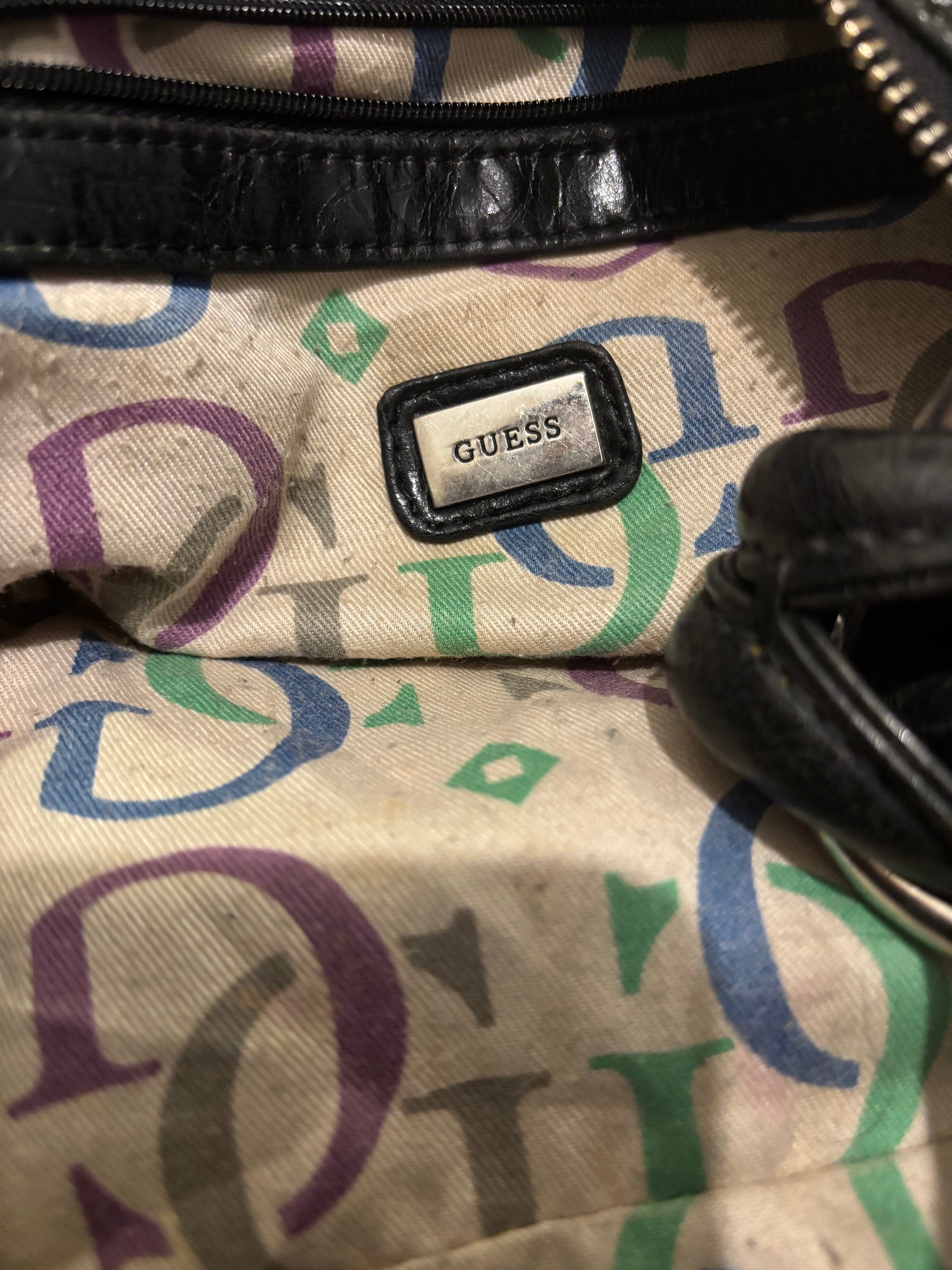 Guess Vintage Black Rare Ruched Vegan Leather Signature Shoulder Bag