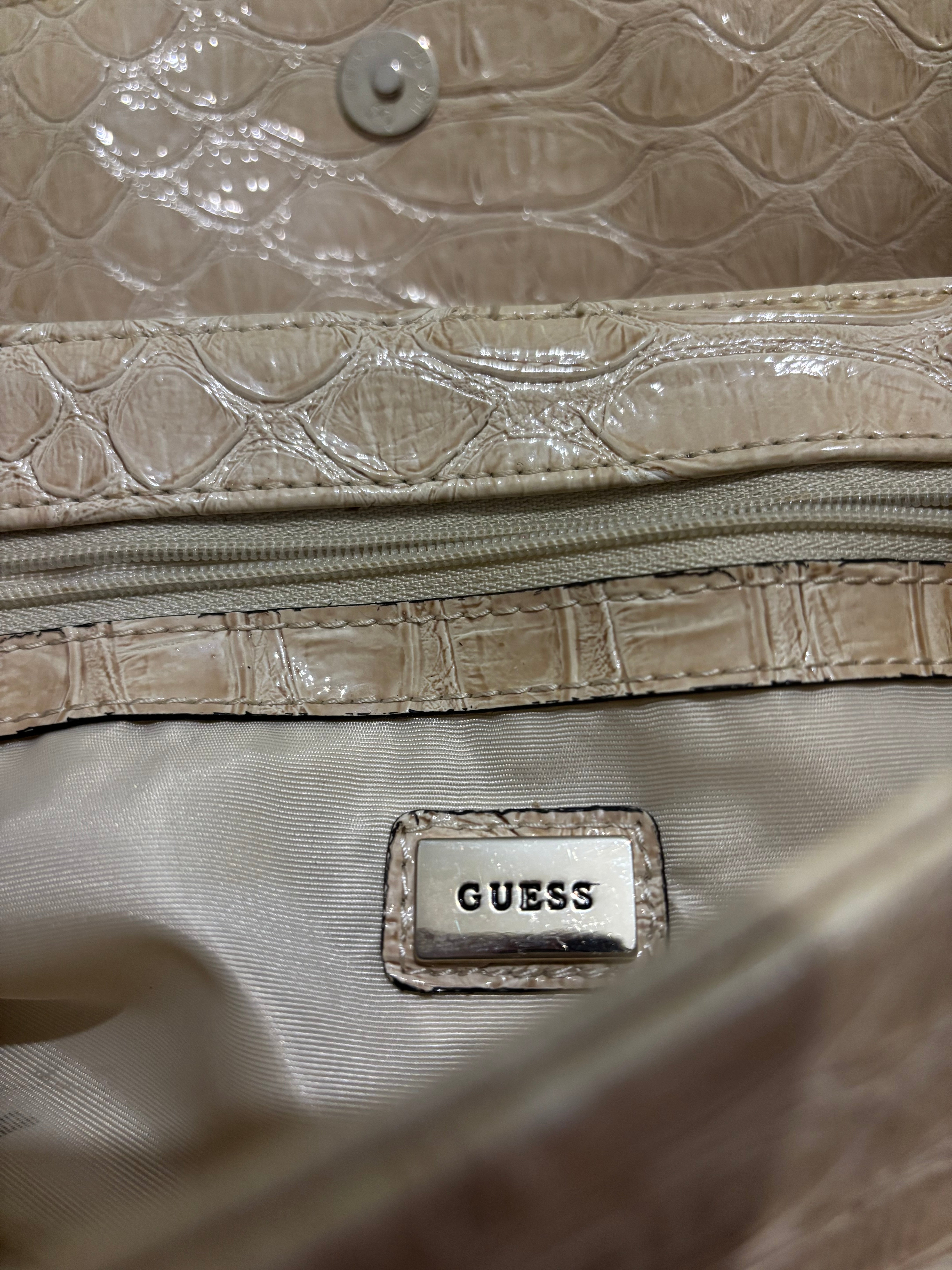Guess Vintage Beige & Cream Crocodile Leather PVC Embossed Shoulder Bag